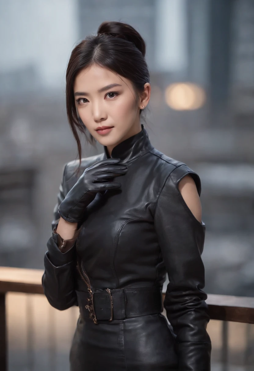 Black leather gloves, black suit, black hair, ponytail, Japanese girl, necklace, upper body