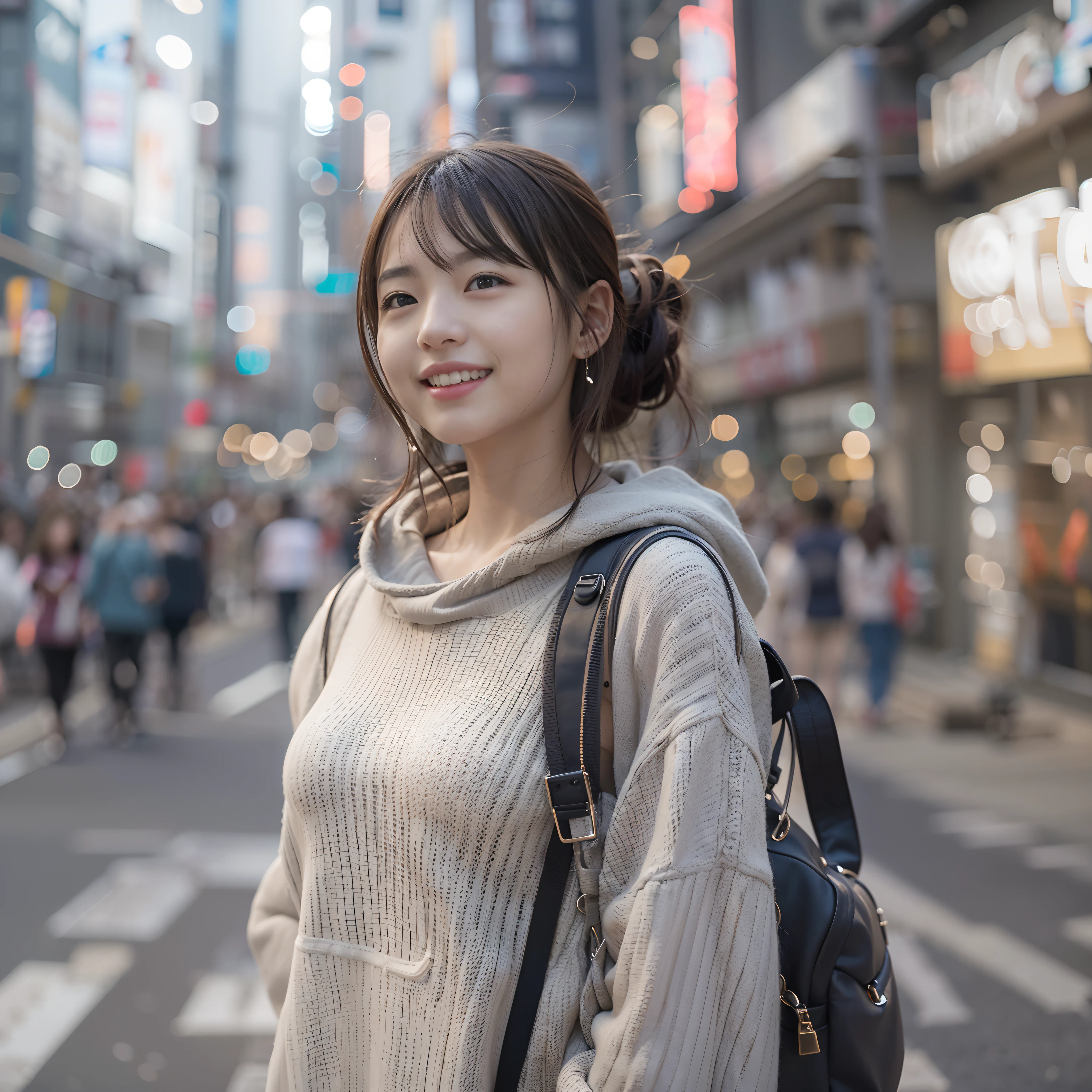 女の子1人、on tokyo street、A city scape、The upper part of the body、a closeup、A smile、、(8K、Raw photography、top-quality、​masterpiece:1.2)、(realisitic、photoRealstic:1.37)、Highly detailed eyelash drawing、(((Top image quality))),small tit、Fine skin, (Beautiful hair), (Perfect Anatomy), (Realistic), (Dynamic Angle), Pose Seductive,Perfect,Sensual look、top-quality、hight resolution、Happy smile