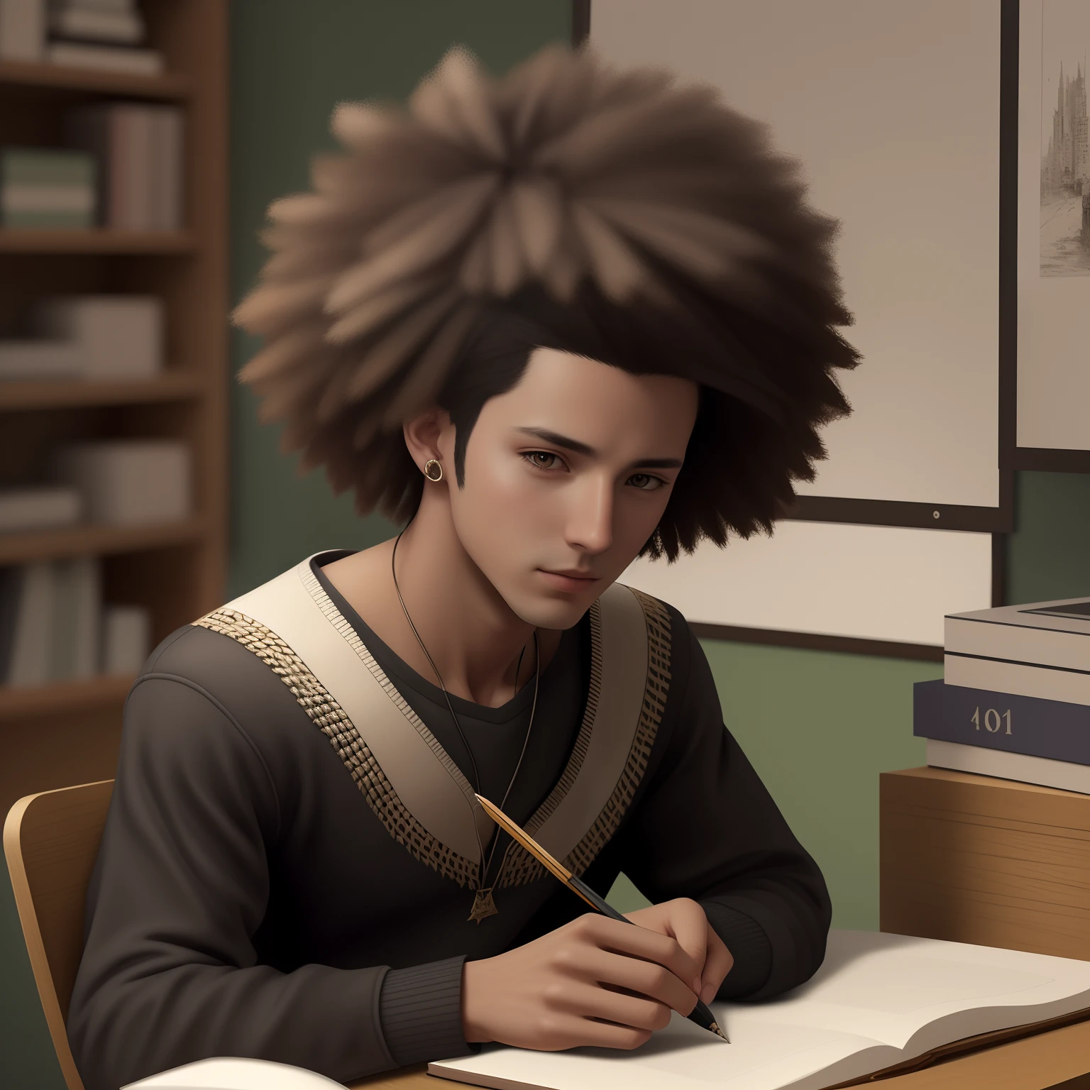Hay un joven sentado en un escritorio escribiendo en un libro, realistic artistic style, Estilo de arte fotorrealista, Render semi - realista, realistic fantasy render, realistic illustration, Renderizado Maxwell, Estilo fotorrealista, high res render, Toma de retrato detallada, realistic afternoon lighting, Estilo realista, Estilo fotorrealista, Retrato detallado, realismo artstyle, Estilo de realismo de anime, Retrato detallado del personaje