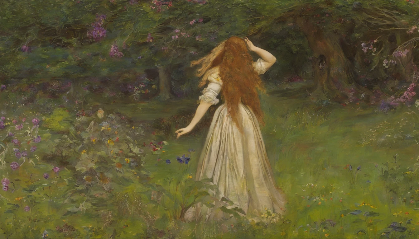 John Everett Millais, Pre-Raphaelites, knight, lady, medieval, banner, wind, sword, flowers, meadow