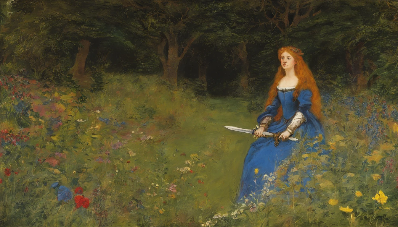 John Everett Millais, Pre-Raphaelites, knight, lady, medieval, banner, wind, sword, flowers, meadow
