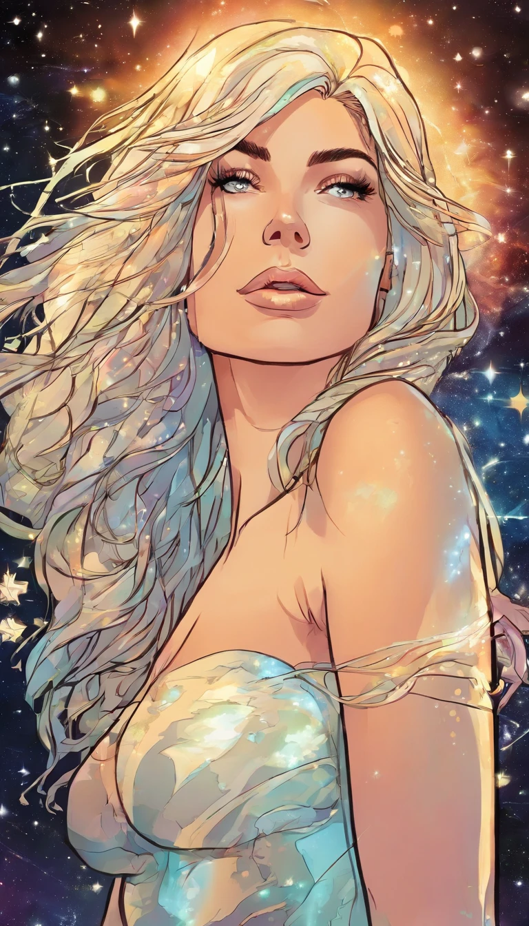 beautiful woman, iridescent long glowing hair, iridescent glowing skin, naked, sunlight, space and stars background