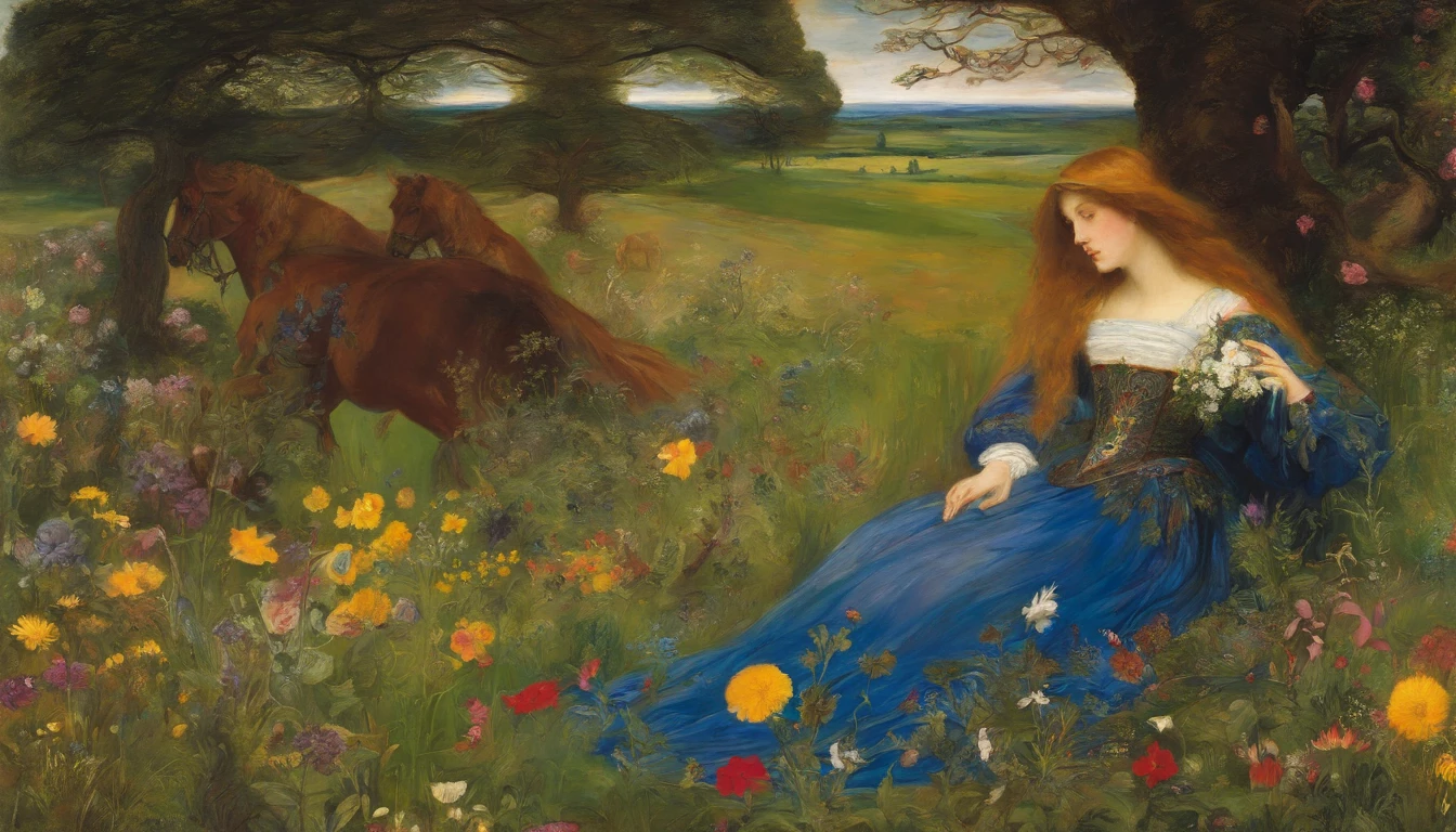 John Everett Millais, Pre-Raphaelites, knight, lady, medieval, banner, wind, sword, flowers, meadow