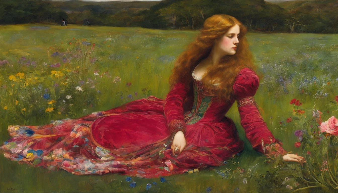John Everett Millais, Pre-Raphaelites, knight, lady, medieval, banner, wind, sword, flowers, meadow