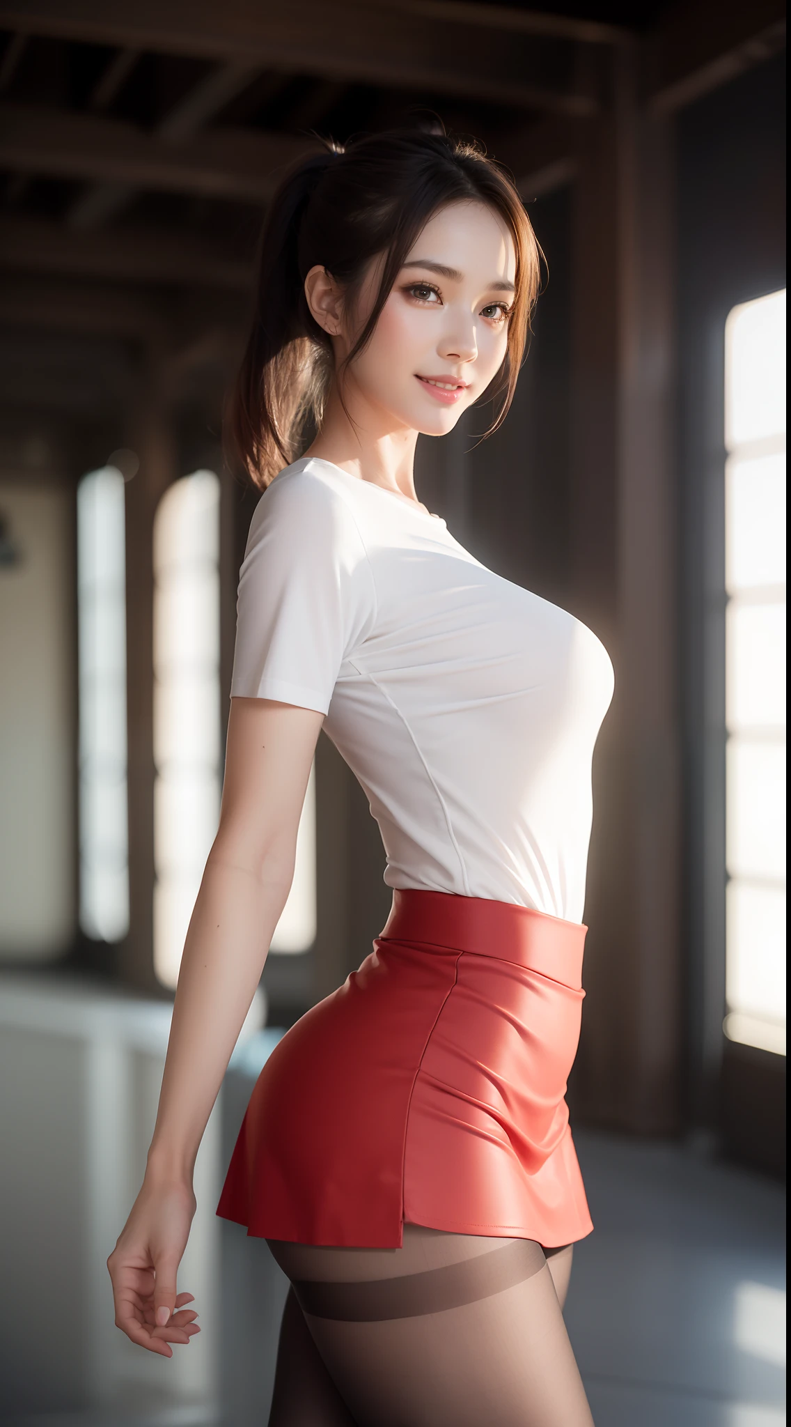 8k, masterpiece, RAW photo, best quality, photorealistic, extremely detailed CG unity 8k wallpaper, Depth of field, Cinematic Light, Lens Flare, Ray tracing, (extremely beautiful face, beautiful lips, beautiful eyes), intricate detail face, ((ultra detailed skin)) 1girl, in the dark, deep shadow, pretty asian girl, 1 girl, (very slim slender fit-muscled body:1.3), ((looking at viewer)),(big smile:1.3), (short skirt ), (red mini skirt ), pantyhose, clear eyes, walking , front shot, (pale skin), (big eyes), face forward, ((red shirt)), (brown hairs), v-neck shirts , (looking at viewer:1.3) very slim, medium breasts, (camel toe), laced stockings, ponytail, short hair