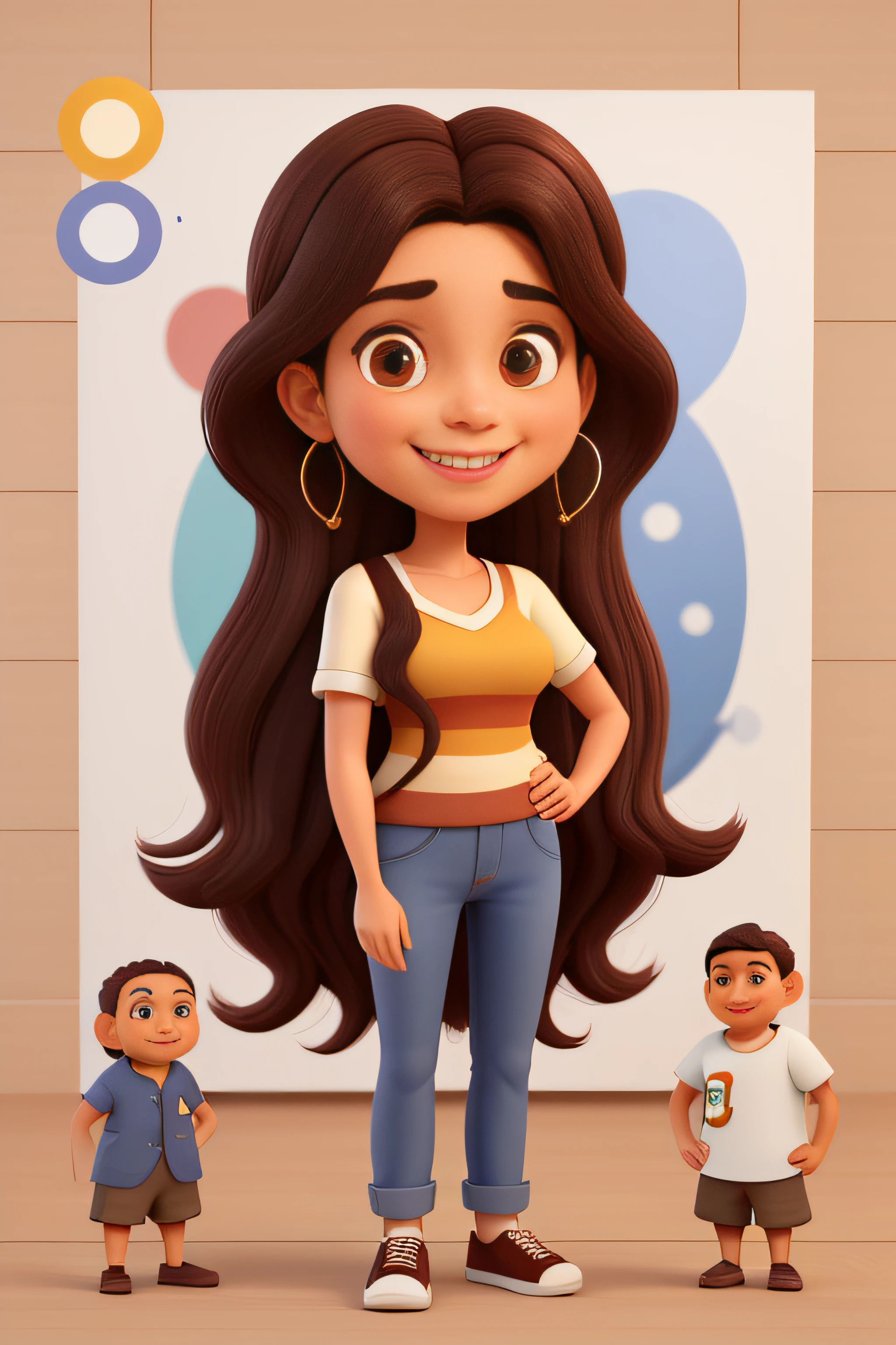 a mother in her 30s with long dark hair and brown eyes, lindo sorriso, youthful appearance, usando um grampo de cabelo, (acenando:1.45) para o expectador. 3d cartoon with precise proportions. Studio Estio Pixar