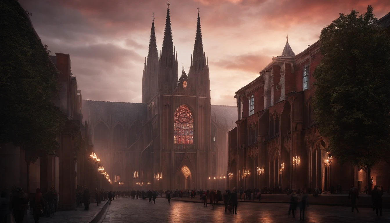 It generates an impressive image of a majestic Gothic cathedral in the middle of a bustling city. The cathedral, imposing and dark, stands in the center of the metropolis, contrasting with the surrounding buildings that are bathed in deep red tones due to the evening light. I want the cathedral to be meticulously detailed, from its intricate stained glass windows to the Gothic ornaments on its walls, without a single error in the rendering. Make sure the image captures the solemnity and grandeur of the cathedral, highlighting its beauty amidst the red-hued city.