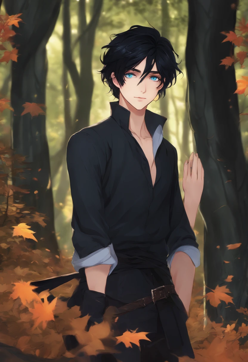 Witch anime boy with black hair and blue eyes in a forest