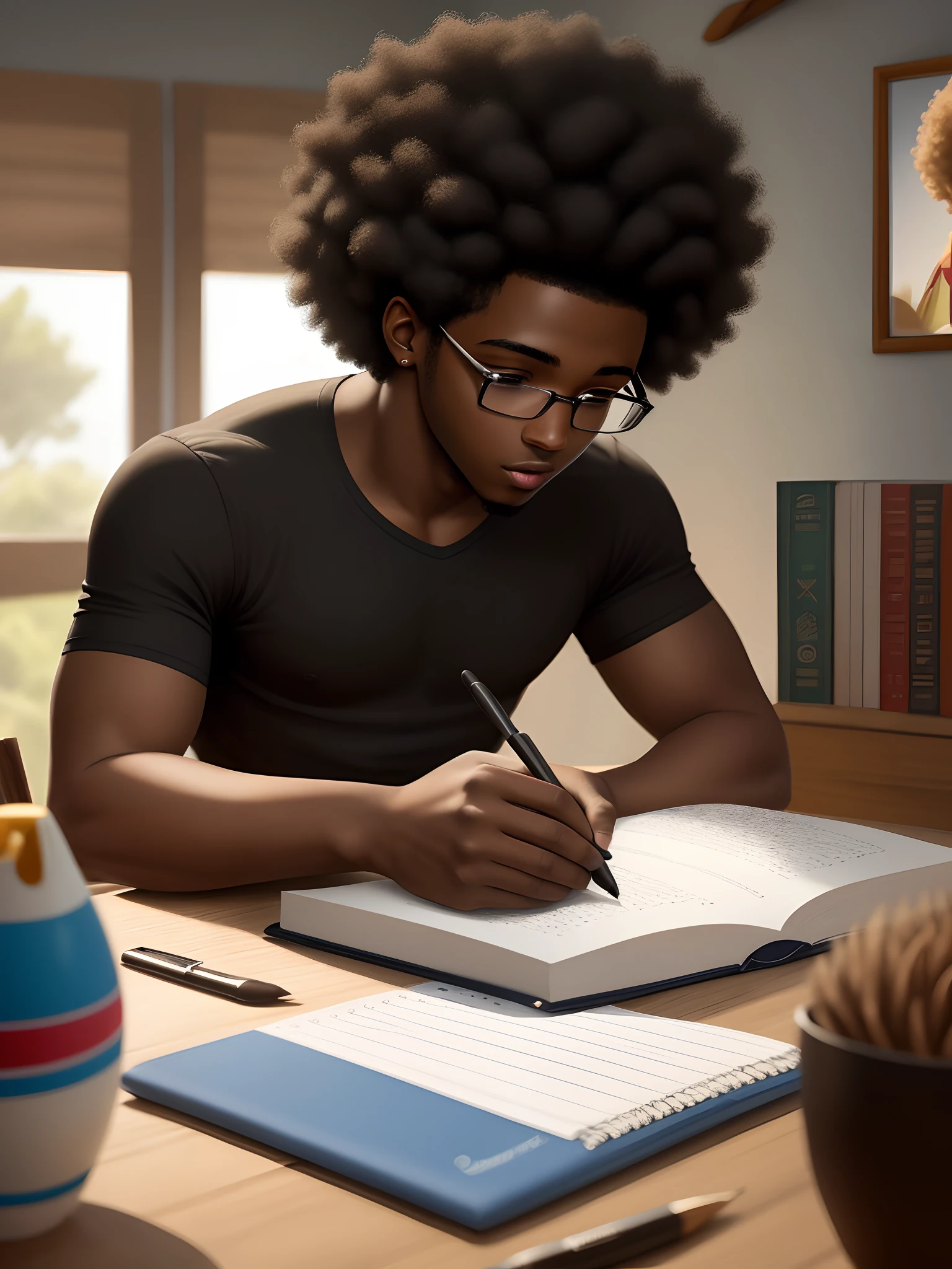 Un joven negro con afro y cerquillo, calificando la tarea en su escritorio,Estilo de pintura gruesa, pensando