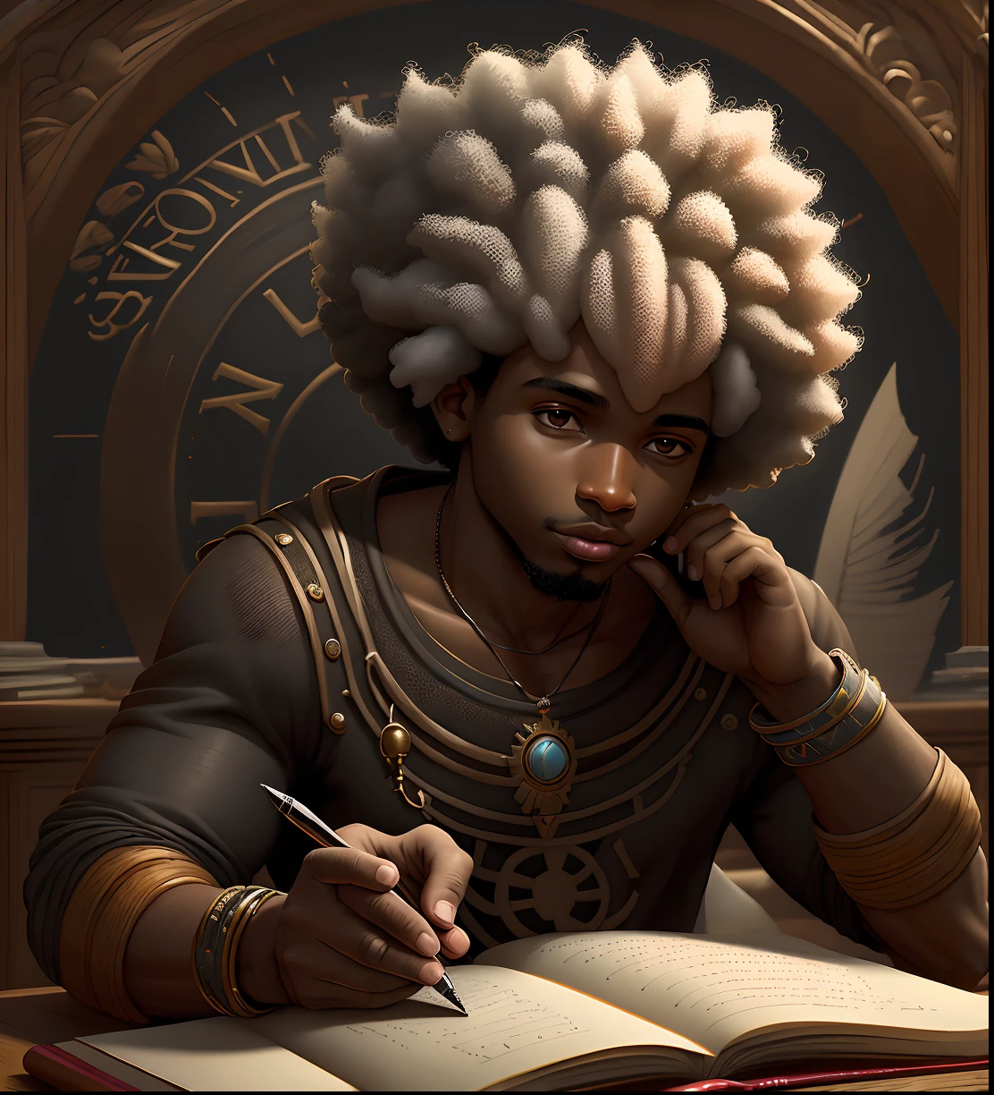 Un joven  negro con afro calificando la tarea en su escritorio，Estilo de pintura gruesa