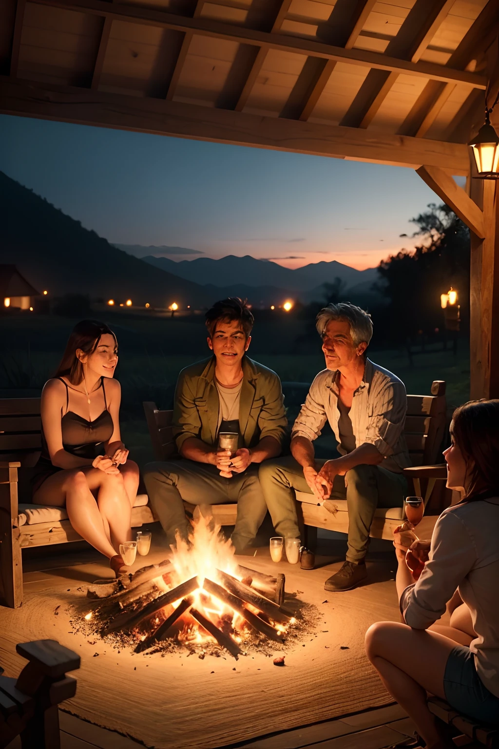 Create a realistic scene of a group of friends in a rustic setting, all enjoying the straw cigarettes of the Guará while sharing stories around a lit bonfire.