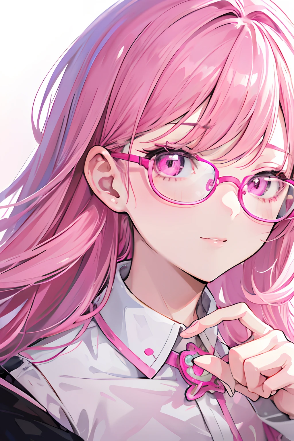 Close-up of a woman with pink hair wearing glasses, artwork in Guvez style, Guvez, kawaii realistic portrait, inspired by Seihiko-kun, glowing pink face, pink girl, beautiful anime portrait, pink glasses, glowing pink eyes, realistic anime 3 D style, Yanjuncheng, realistic anime art style, ((pink)8k
