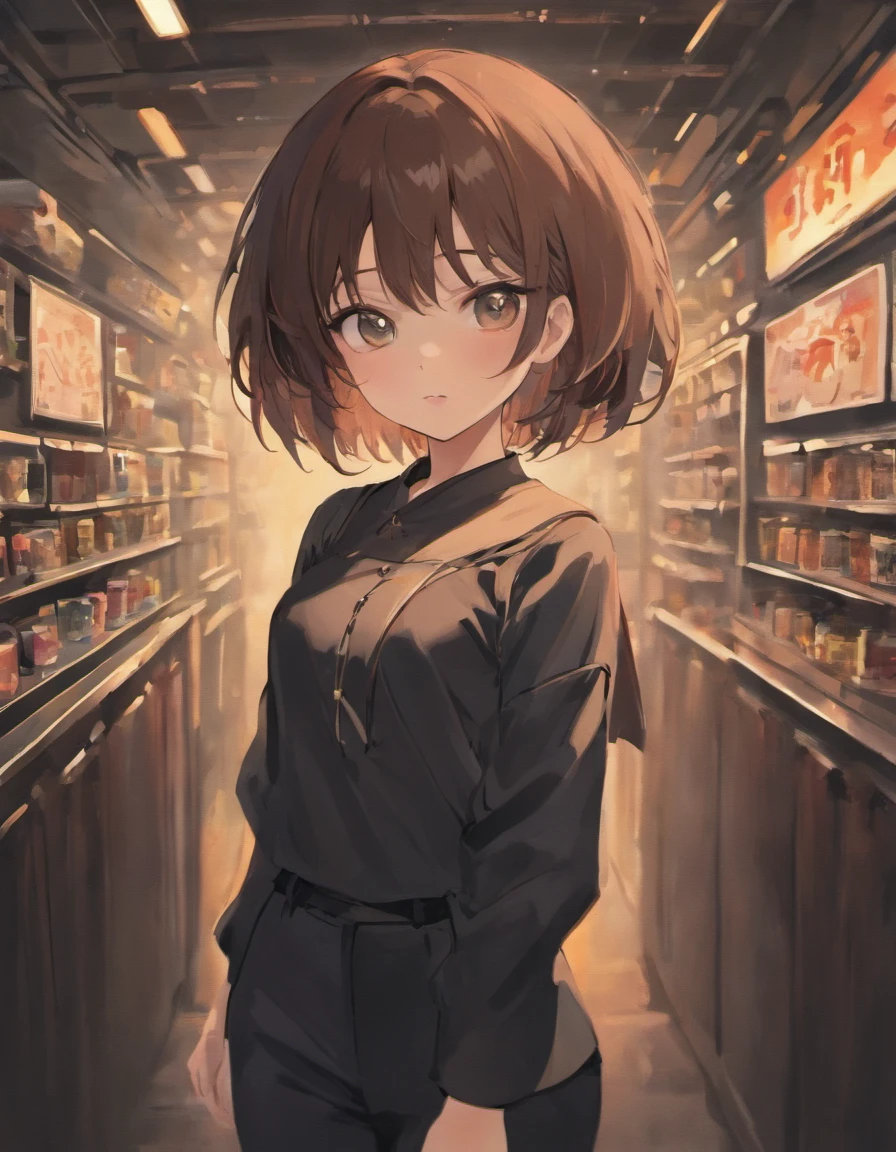 Girl, dark brown hair till sholders, dark eyes, looking at camere, black shirt, black pants, 16 year old