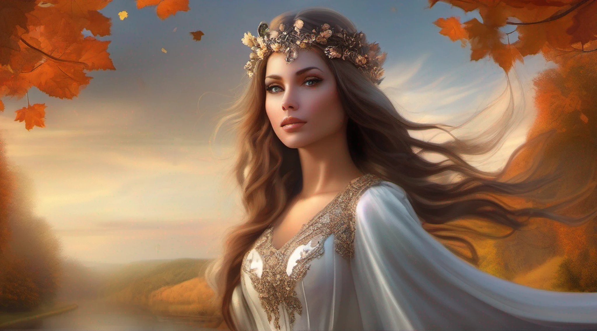 uma mulher em um vestido branco segurando um frasco de mel, Imperatriz outonal, Deusa do outono, arte fantasia behance, arte de fantasia digital ), realistic fantasy illustration, Renaissance Autumn, Pintura digital de fantasia, estilo de arte de fantasia, digital fantasy illustration, beautiful autumn spirit, bela arte digital, Epic Fantasy Digital Art Style, arte digital de fantasia detalhada, lovely dark autumn princess, retrato da fantasia