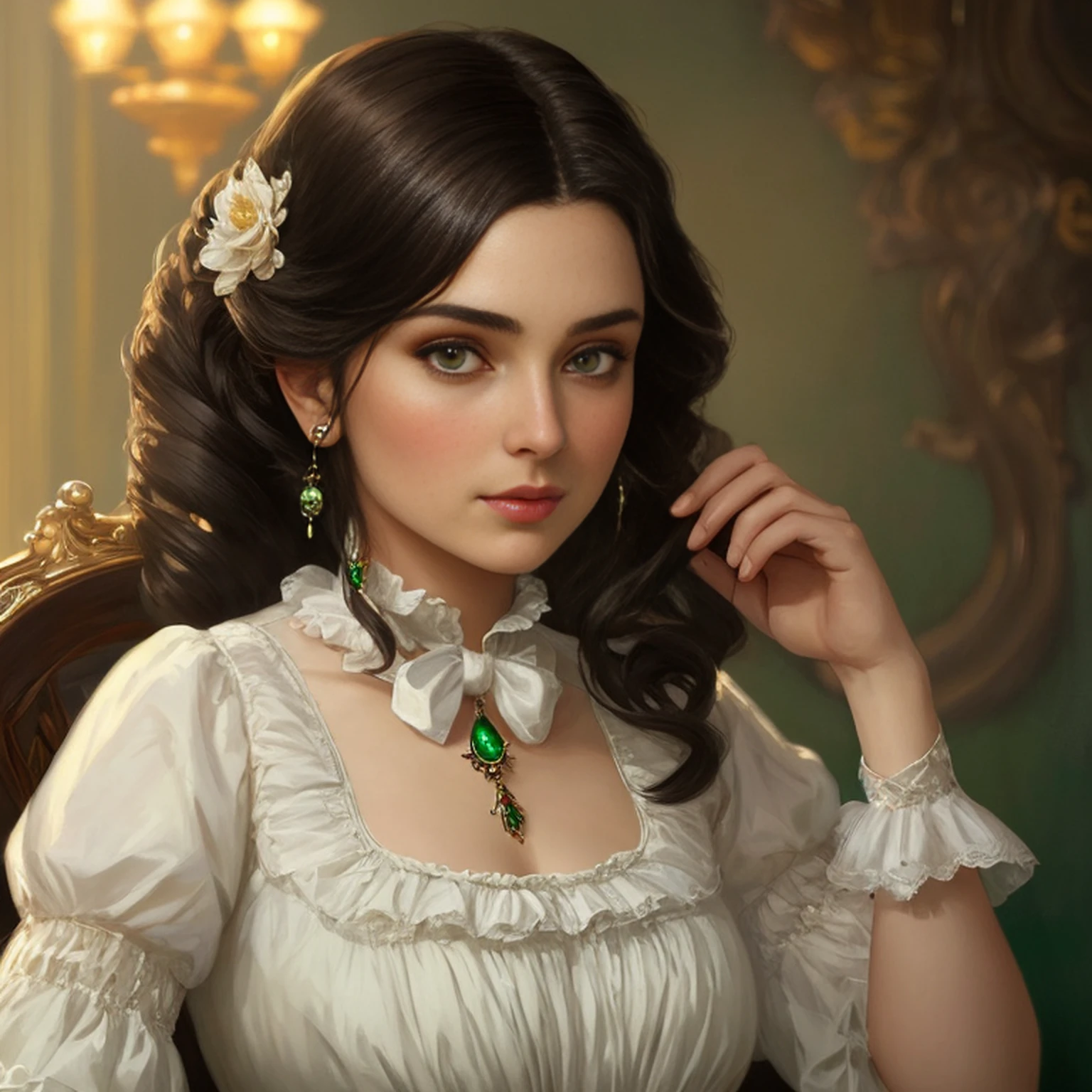 stunning masterpiece delicate and curvy young woman 20 years old, wearing British Victorian lady's clothing, pele rude, Olhando para cima, ((Sunny background of Victorian mansion)), medium straight hair dark brown, detailed perfect almond-shaped emerald green eyes, perfect sensual and full lips, resemblance to scarlett ohara, corpo inteiro, cobrir, pintura hiperdetalhada, Luminismo, bar lighting, Complexo, 4k resolution concept art portrait by Greg Rutkowski, Artgerm, WLOP, Alphonse Mucha: uma fotografia realista impressionante 