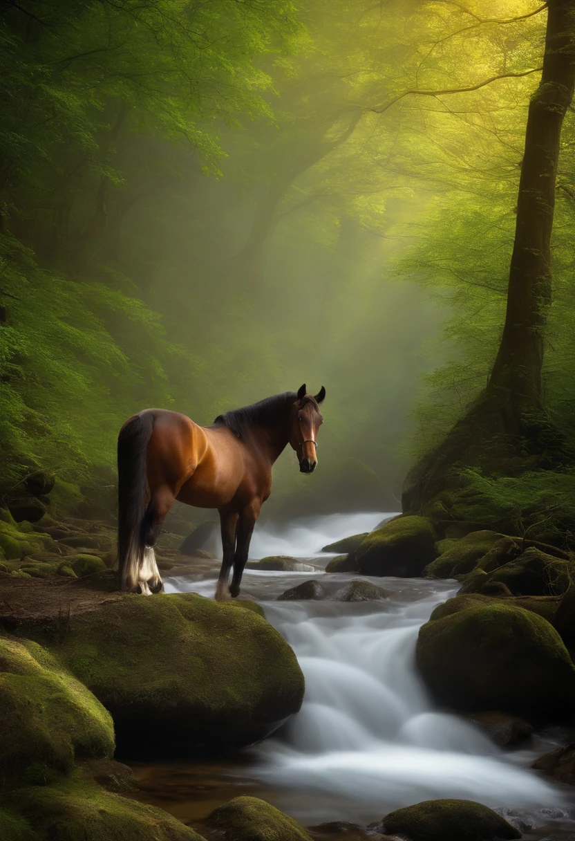 A mystical journey through an ancient forest with a river, donde el joven monta un caballo personaje conoce a un anciano sabio y aprende valiosas lecciones de vida. iluminador, transformative and magical, encantador, ethereal. Life after death. misterioso, espiritual y conmovedora. Create an atmosphere of mystery and spiritual depth. profundo, Stimulating and philosophical, Valiosas lecciones de vida aprendidas