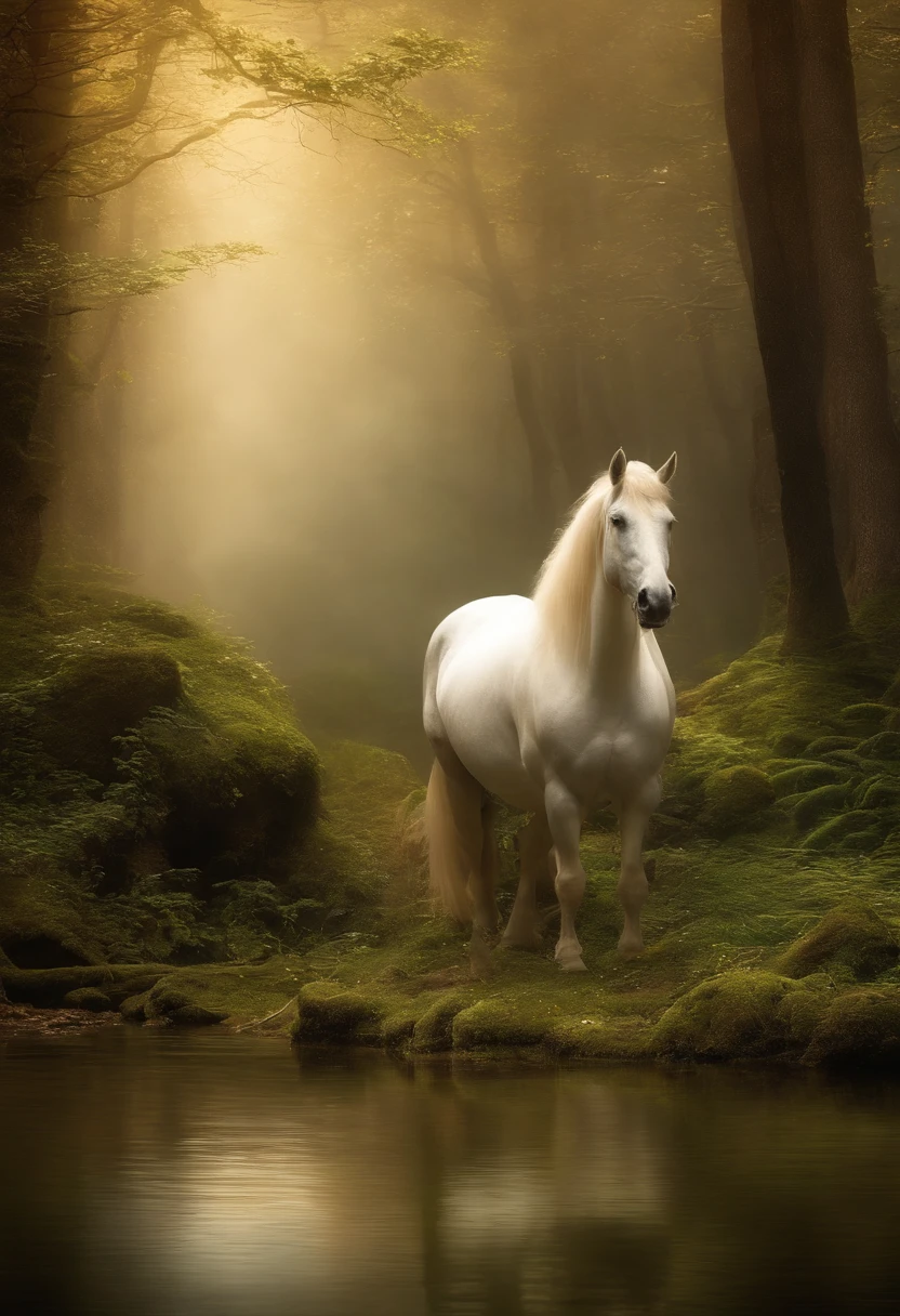 A mystical journey through an ancient forest with a river, donde el joven monta un caballo personaje conoce a un anciano sabio y aprende valiosas lecciones de vida. iluminador, transformative and magical, encantador, ethereal. Life after death. misterioso, espiritual y conmovedora. Create an atmosphere of mystery and spiritual depth. profundo, Stimulating and philosophical, Valiosas lecciones de vida aprendidas