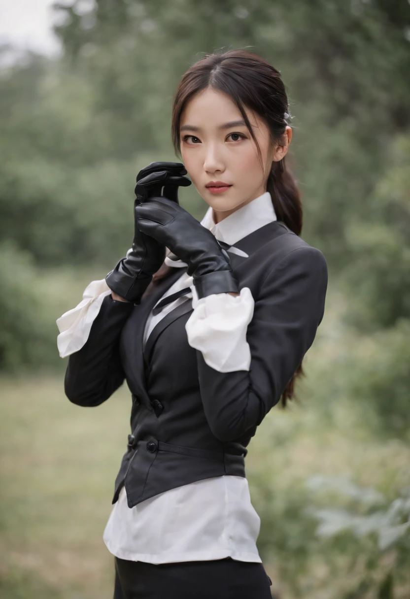 Black leather gloves, black suit, black hair, ponytail, Japanese girl, ribbon tie blouse, upper half