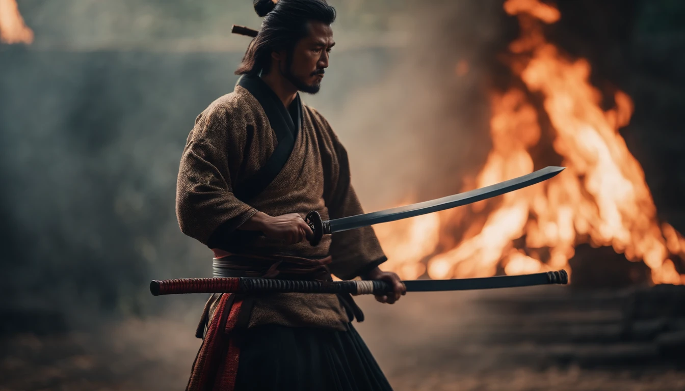 Samurai with katana, realistic effect, blur background, 8k, burning fire