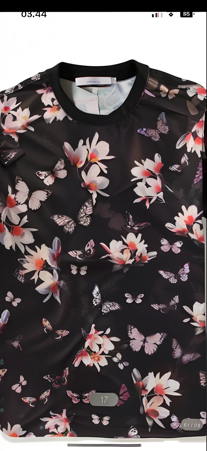 Close-up of a black shirt，It has a floral print on it, Flower butterfly vest, floral clothes, flowers and butterflies, floral dream, textile print, Floral, patterned clothing, floral patterns, floral motives, Floral!, Graphic print, Floral details, ornate floral, Butterflies, Chiffon, flowing sakura silk, 🌸 🌼 💮, by Galen Dara, author：Elizabeth Charleston