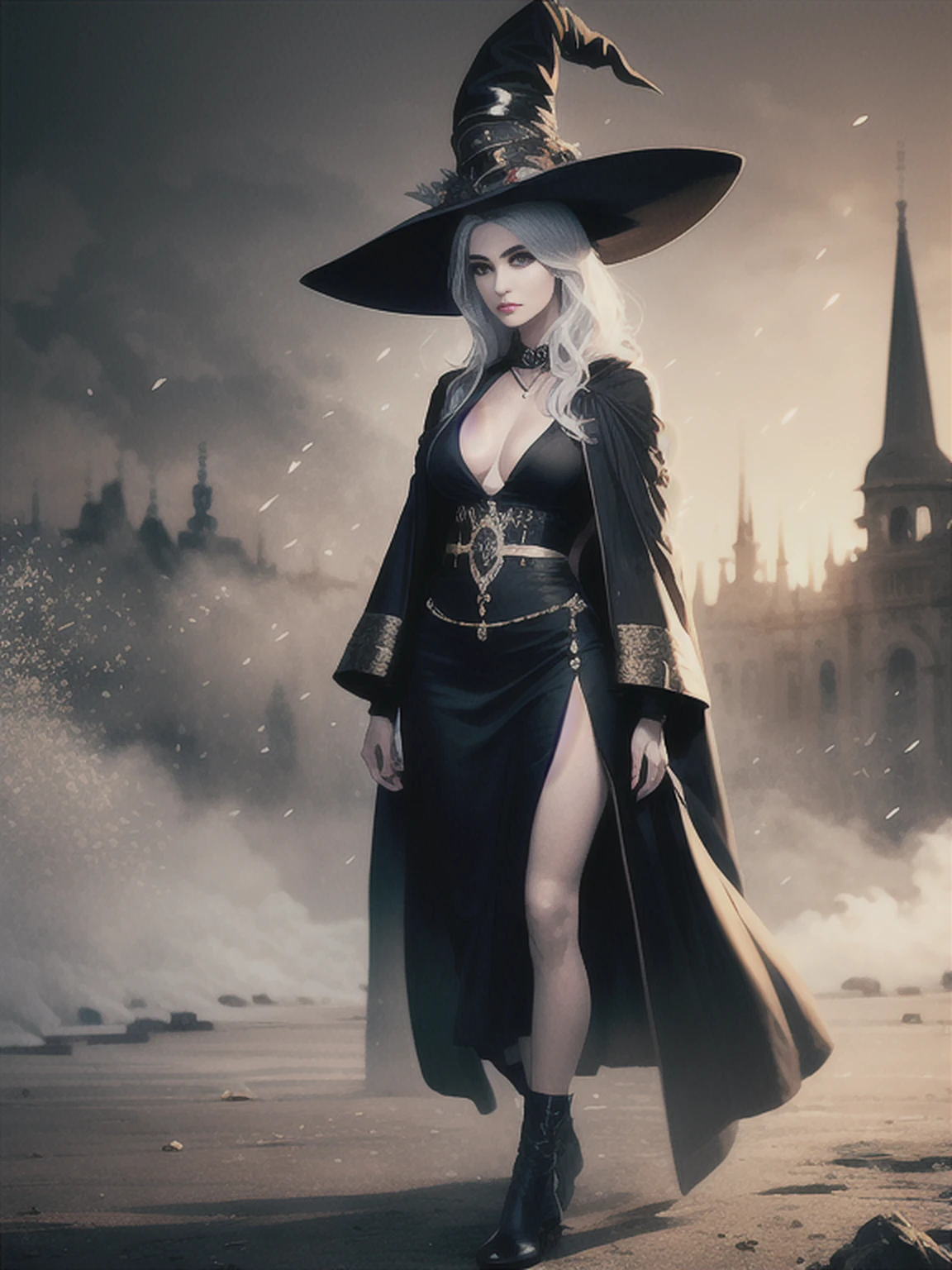 Foto RAW, One person, invisible skin, foto de corpo inteiro de mulher de 60 anos de idade, bruxa, Mulher bonita sensual com bochechas redondas, realistic facial expression, olhos vermelhos claros, pale skin, cabelos brancos ondulados, cabelos longos, witch hat, pele branca, corpo esguio, wearing full body black robe with rich decoration, confident expression, (magical mysterious background, Pirilampos, glittering particles, Ethereal fog, Weak darkness), high saturation, Luz do filme, luz de aro, Melhores Sombras, apontando aqui, background is urban ruins, (Very detailed skin: 1.2), 8k UHD, DSLR, soft lighting, alta qualidade, film particles, Fujifilm XT3