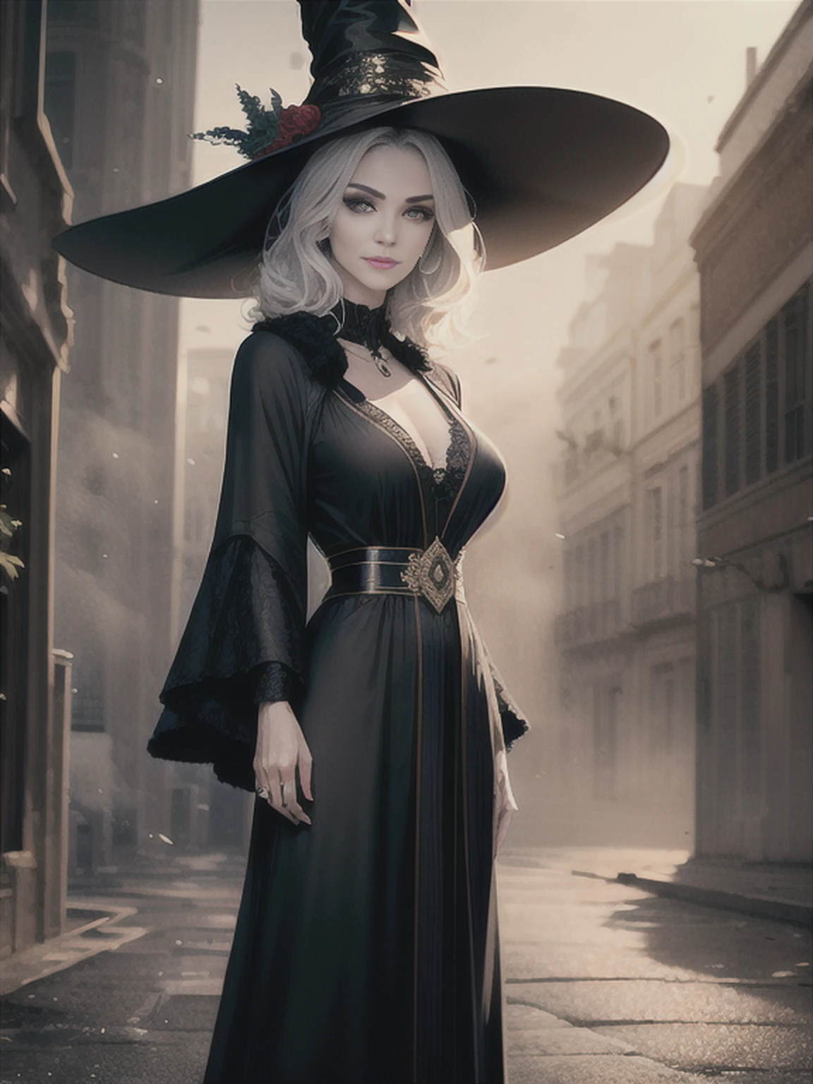 Foto RAW, One person, invisible skin, foto de corpo inteiro de mulher de 60 anos de idade, bruxa, Mulher bonita sensual com bochechas redondas, realistic facial expression, olhos vermelhos claros, pale skin, cabelos brancos ondulados, cabelos longos, witch hat, pele branca, corpo esguio, wearing full body black robe with rich decoration, confident expression, (magical mysterious background, Pirilampos, glittering particles, Ethereal fog, Weak darkness), high saturation, Luz do filme, luz de aro, Melhores Sombras, apontando aqui, background is urban ruins, (Very detailed skin: 1.2), 8k UHD, DSLR, soft lighting, alta qualidade, film particles, Fujifilm XT3