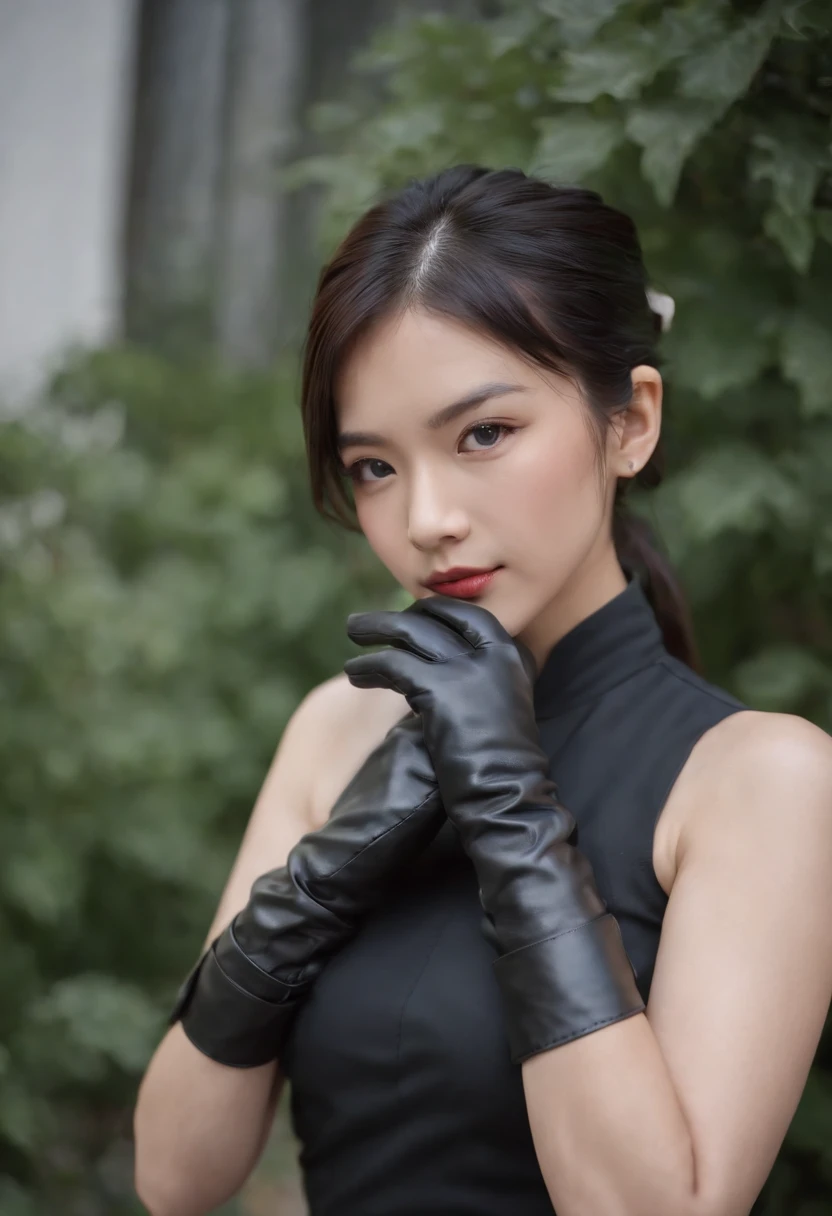 Black leather gloves, black suit, black hair, ponytail, Japanese girl, ribbon tie blouse, upper half