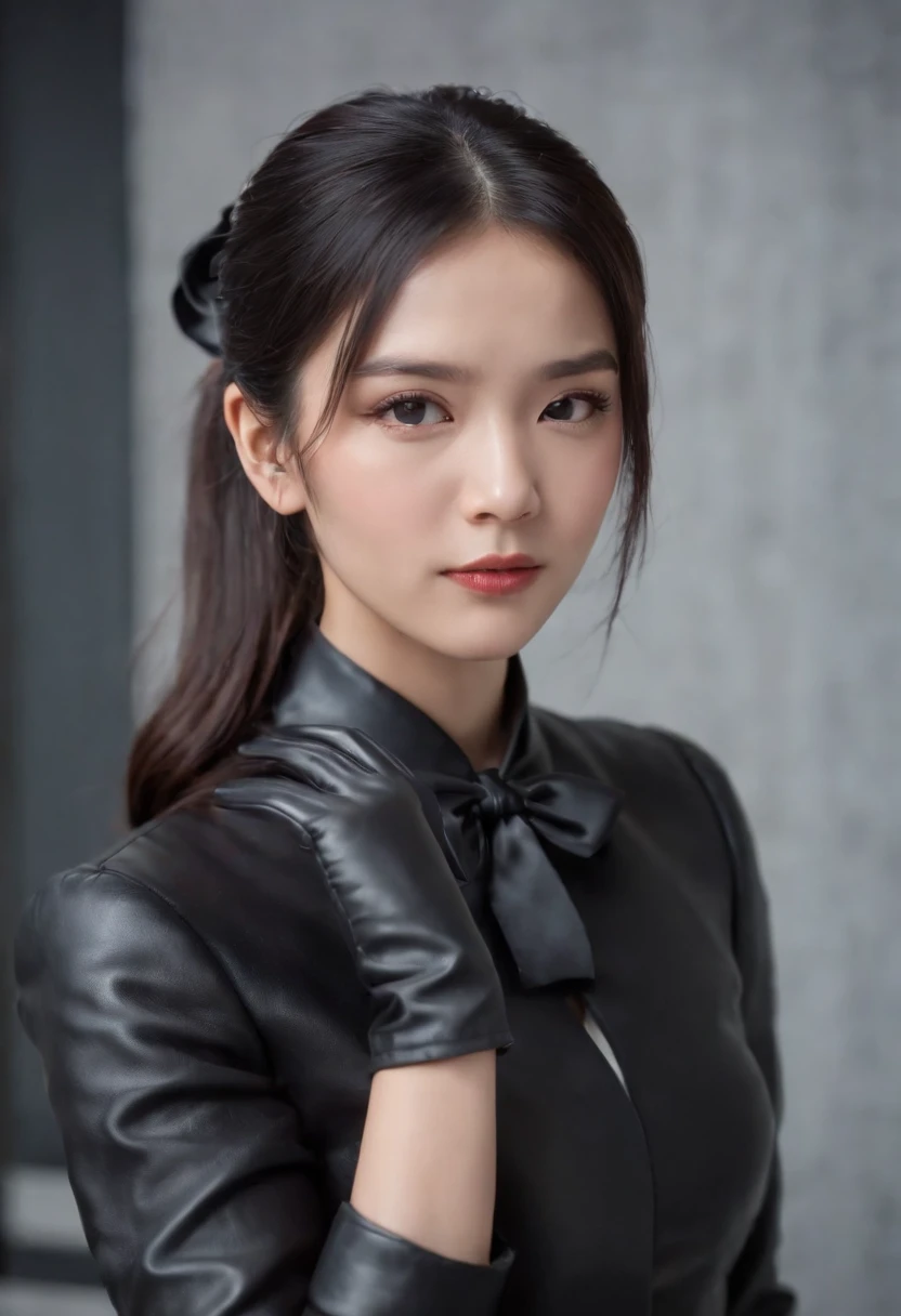 Black leather gloves, black suit, black hair, ponytail, Japanese girl, ribbon tie blouse, upper half