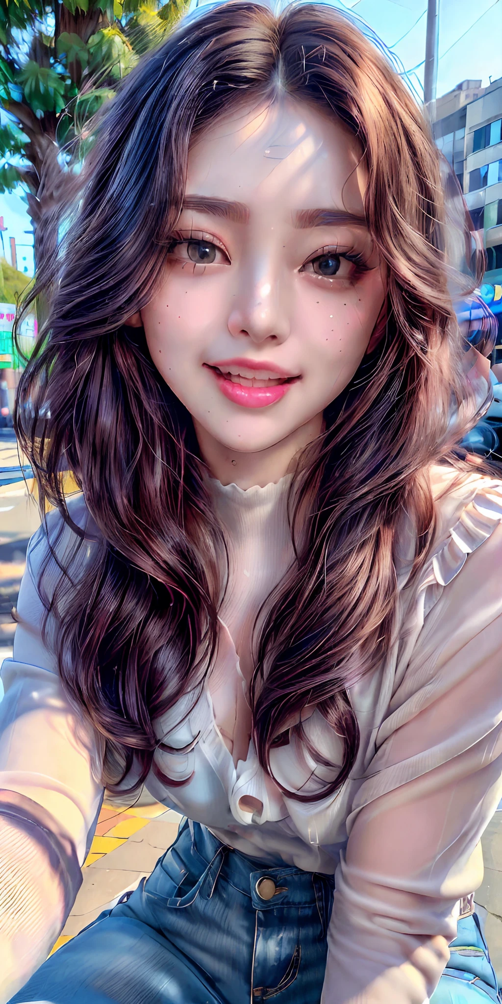 (((masterpiece))), ((best quality)), ((expressive eyes)), ((perfect face)), ((highly detailed)), heart, ((highly detailed eyes)), ((highly detailed face)), ((4K)), (8K UHD), (ultra-high texture quality), (ultra-high pixel texture), (hyperdetailed), DLSR, RTX, ((HDR10+)), (Absurdres), shiny skin, oily skin, ((perfect hands, perfect eyes, perfect skin)), (ultra-delicate face), delicate eyes, double eyelids, beautiful and delicate photo, detailed background, 1 girl, Korean girl, pale skin, model, (black hair), medium short hair, happy, delicate eyelashes, (big adorable eyes, 🥺), (medium height), ((cute, blush, happy, smiling, laughing)), public, ((blouse)), ((jeans)), ((staring spoiledly at viewer)), (((from front))), (street), (city), (sidewalk), (Standing), day, studio lightning, lora:add_detail:0.7, ulzzang-6500-v1.1,