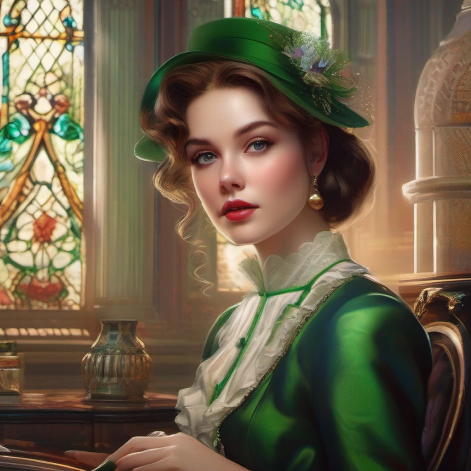 stunning masterpiece delicate and curvy young woman 20 years old, wearing British Victorian lady's clothing, pele rude, Olhando para cima, ((Sunny background of Victorian mansion)), medium straight hair dark brown, detailed perfect almond-shaped emerald green eyes, perfect sensual and full lips, resemblance to scarlett ohara, corpo inteiro, cobrir, pintura hiperdetalhada, Luminismo, bar lighting, Complexo, 4k resolution concept art portrait by Greg Rutkowski, Artgerm, WLOP, Alphonse Mucha: uma fotografia realista impressionante 16 anos