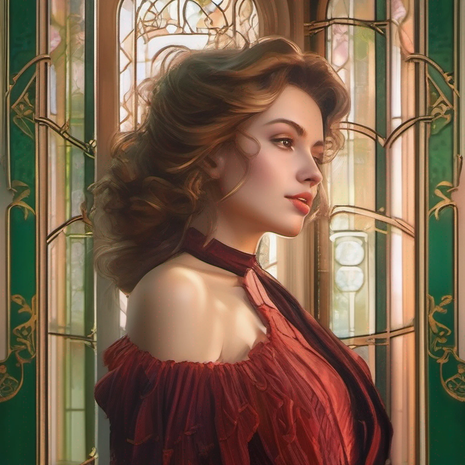 stunning masterpiece delicate and curvy young woman 20 years old, wearing British Victorian lady's clothing, pele rude, Olhando para cima, ((Sunny background of Victorian mansion)), medium straight hair dark brown, detailed perfect almond-shaped emerald green eyes, perfect sensual and full lips, resemblance to scarlett ohara, corpo inteiro, cobrir, pintura hiperdetalhada, Luminismo, bar lighting, Complexo, 4k resolution concept art portrait by Greg Rutkowski, Artgerm, WLOP, Alphonse Mucha: uma fotografia realista impressionante 16 anos