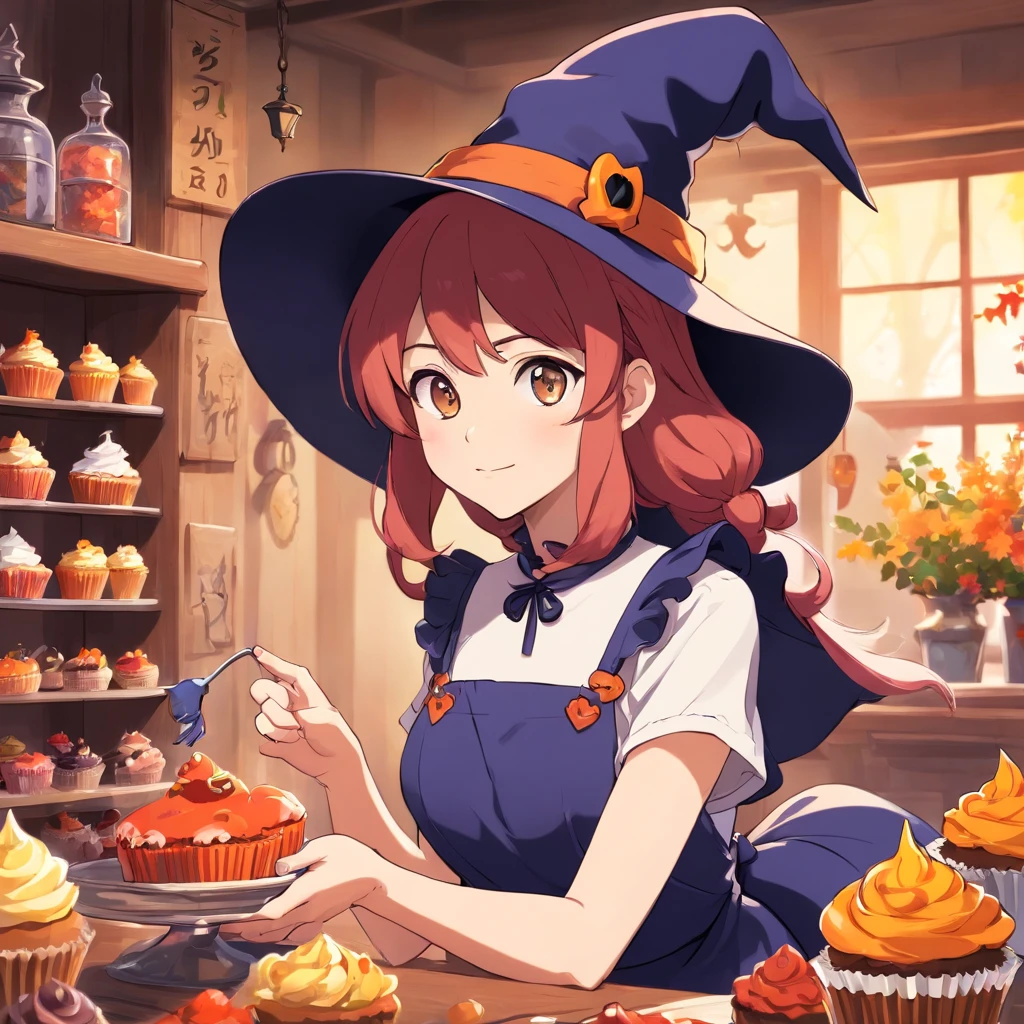 Create a charming very adorable vector cartoon illustration of a sexy-looking witch in her late 20s as a logo. She should have long flowing hair and be dressed in a cute, slightly oversized apron, with a whimsical pointed hat perched atop her head. She’s loved by her black cat. Holding cupcakes