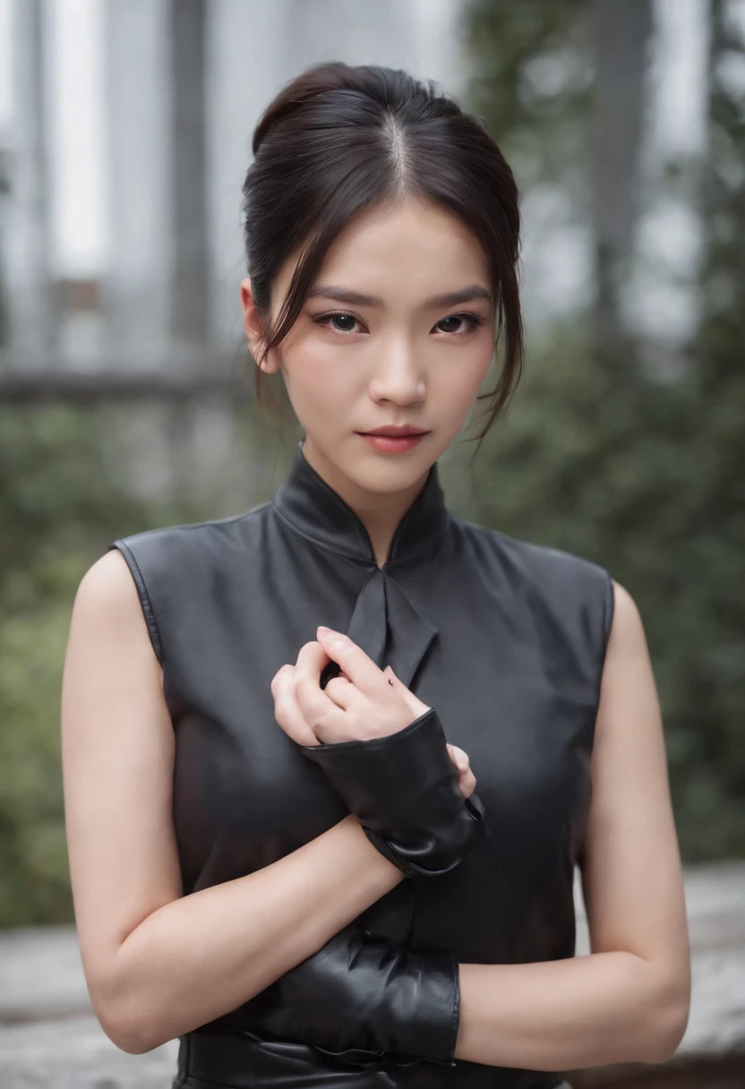 Black leather gloves, black suit, black hair, ponytail, Japanese girl, ribbon tie blouse, upper half