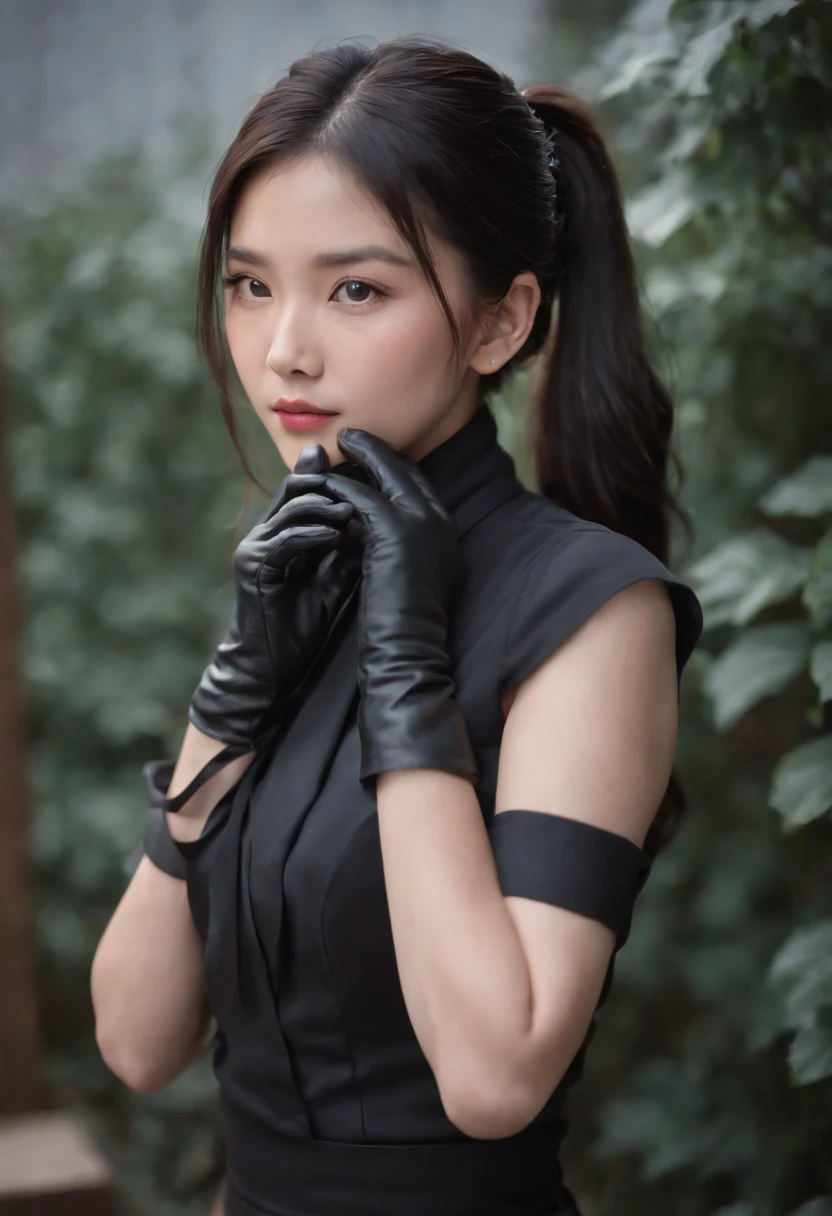 Black leather gloves, black suit, black hair, ponytail, Japanese girl, ribbon tie blouse, upper half