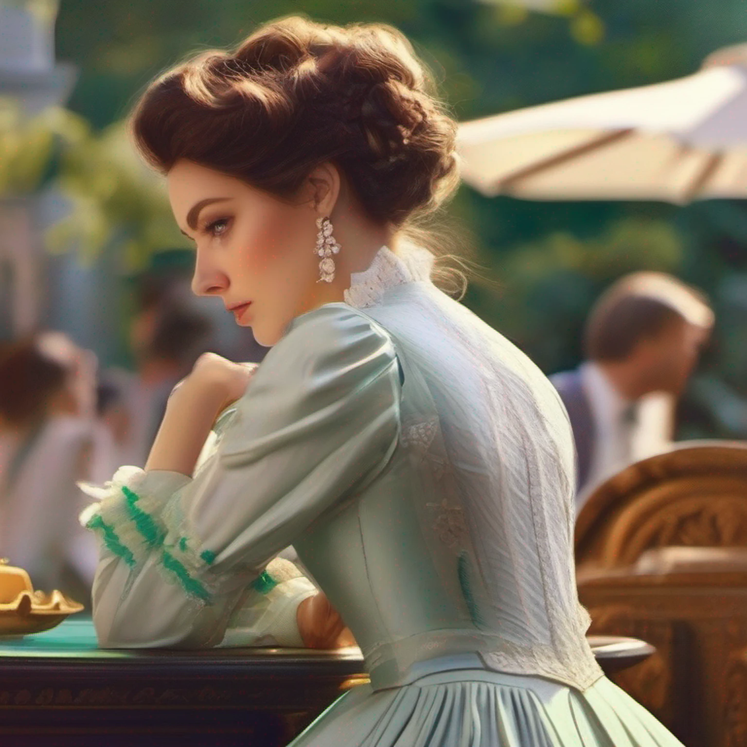 stunning masterpiece delicate and curvy young woman 20 years old, wearing British Victorian lady's clothing, pele rude, Olhando para cima, ((Sunny background of Victorian mansion)), medium straight hair dark brown, detailed perfect almond-shaped emerald green eyes, perfect sensual and full lips, resemblance to scarlett ohara, corpo inteiro, cobrir, pintura hiperdetalhada, Luminismo, bar lighting, Complexo, 4k resolution concept art portrait by Greg Rutkowski, Artgerm, WLOP, Alphonse Mucha: uma fotografia realista impressionante 16 anos