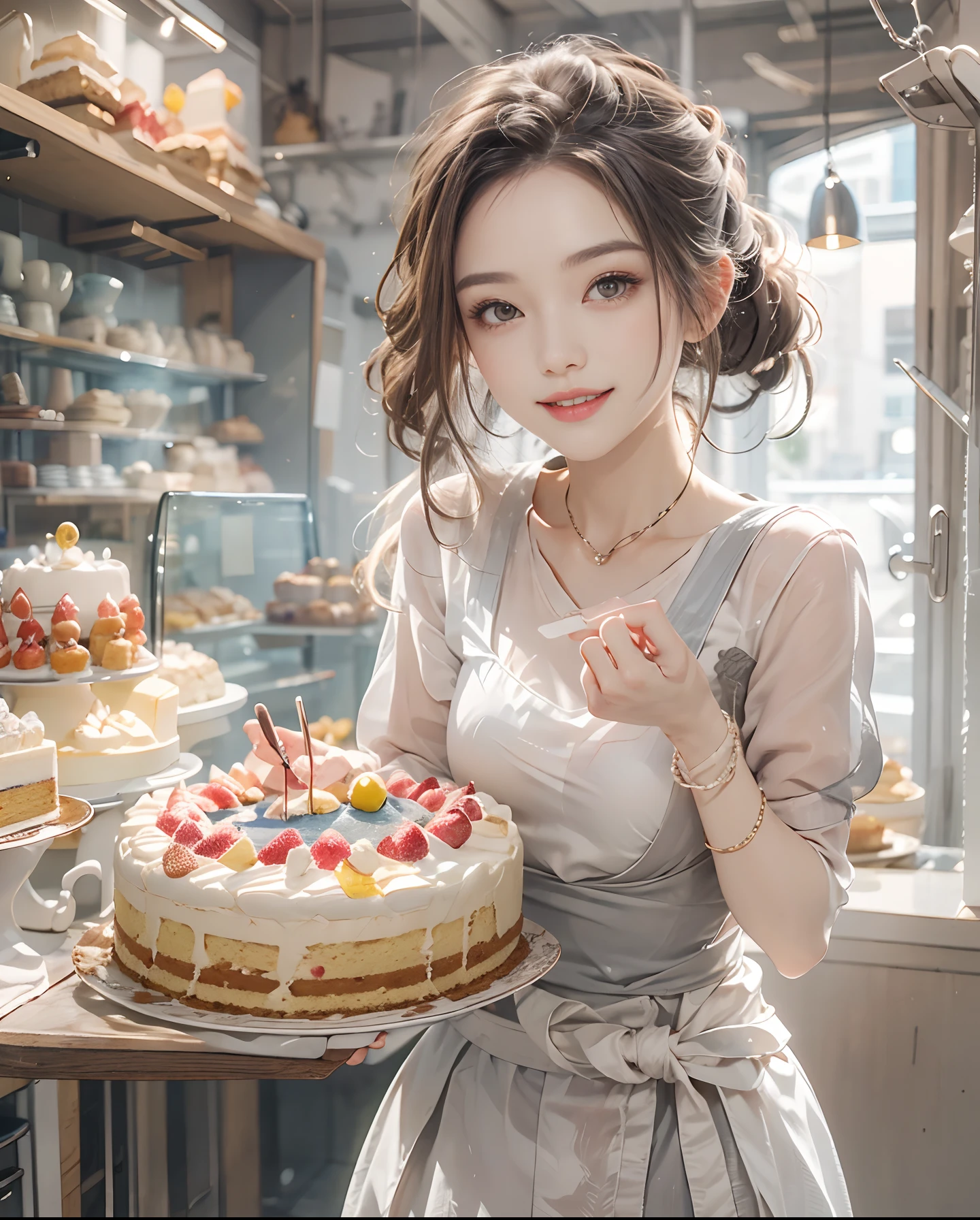 masutepiece、hight resolution、Cake shop、Cake craftsman、30-year-old girl、Smiling at the camera、Finish as shown in the photo、the skin is white and beautiful、inner colored、Hair should be tied back、A slender
