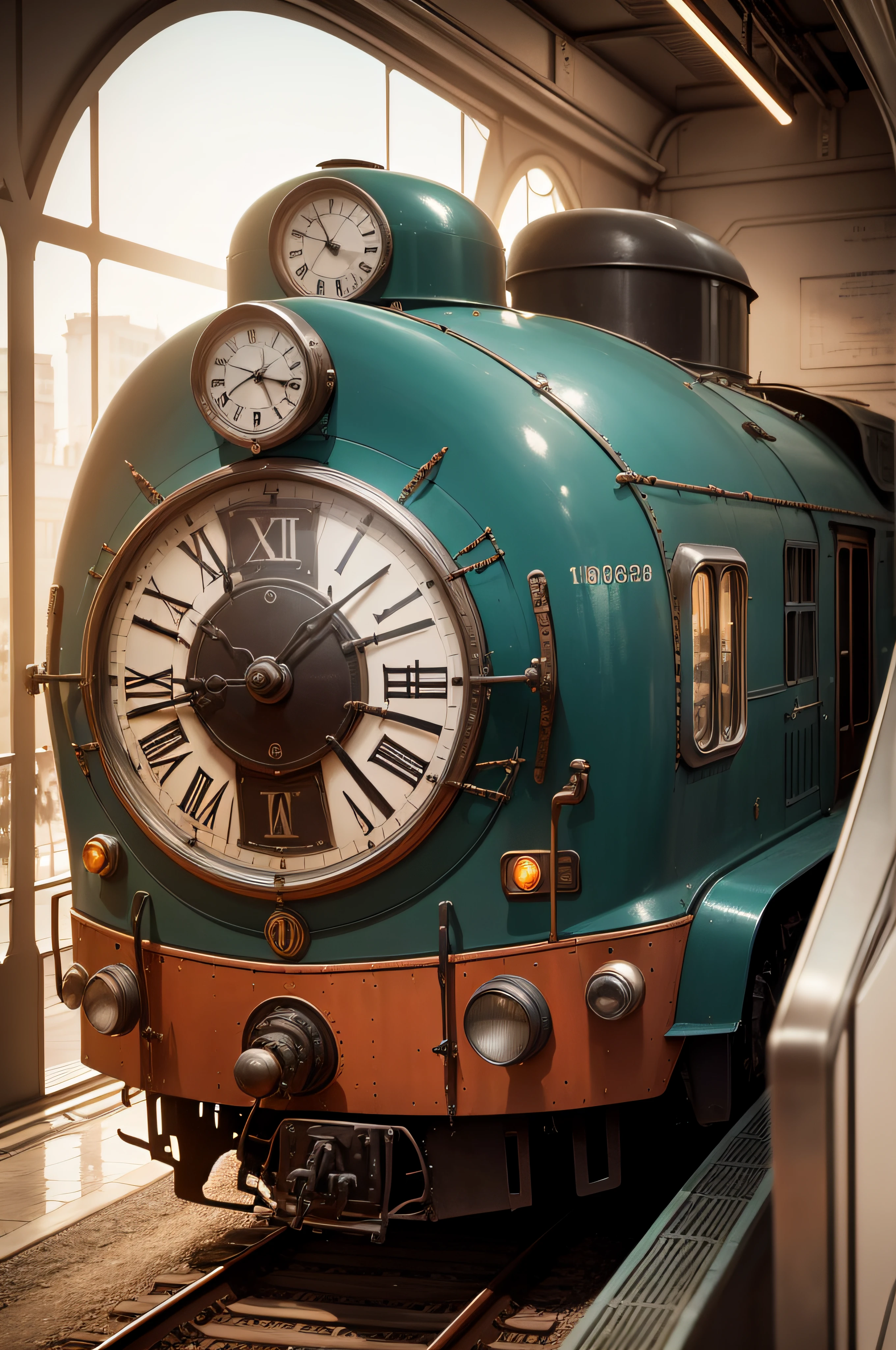 Crie uma imagem de alta qualidade (1.3) that presents a vintage tech train with an antique clock on the front as a masterpiece. O trem deve ser exibido completamente, highlighting its retro design and unique features.
Na frente da locomotiva, the antique clock should be prominent, with a stylized Roman numeral, that elegantly indicates the time, occupying most of the visual area, and all visible details. Ademais, na parte frontal do trem, enter the number distinctly "1978" integrado ao design, de modo a ser facilmente identificado.
Imagine a scenario where this train looks like it came straight out of the 1920s, evoking nostalgia for the era of Maria Fumaça and the Art Deco style. As linhas elegantes e curvas suaves do trem devem se integrar harmoniosamente em uma paisagem urbana retro.
Make sure that the old clock on the front of the train is the focal point of the composition, incorporated in an integrated way and with details that refer to the old technology, as steam elements and mechanical gears. The image should capture the feel of a retro masterpiece with the full train, the front clock with Roman numerals and the number "1978" na frente, all as centerpieces of the scene.