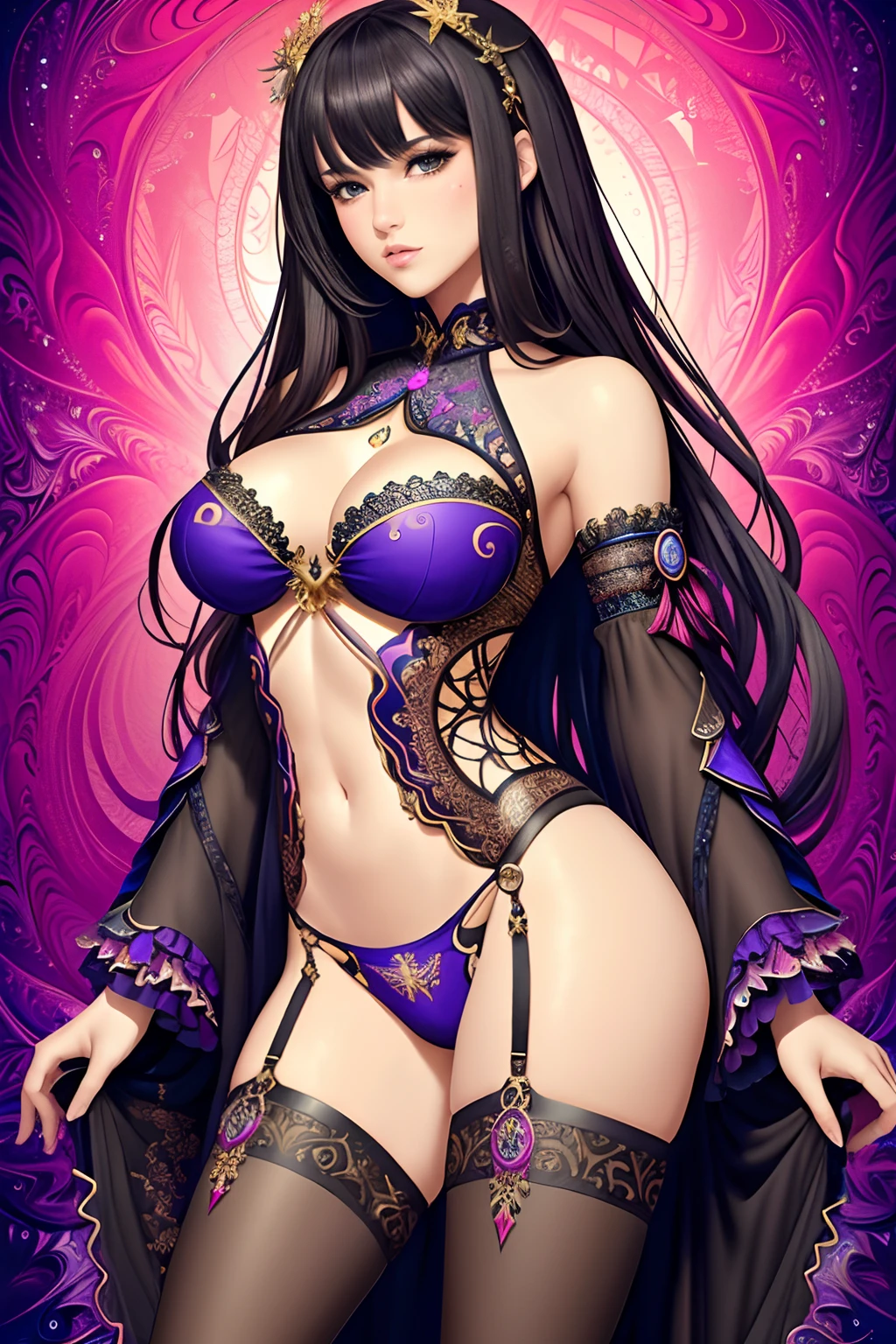 (masterpiece, top quality, best quality, official art, beautiful and aesthetic:1.2), (1girl), extreme detailed,(fractal art:1.3),colorful,highest detailed, she looks like a sexy bitch, a warrior girl and she's wearing garters