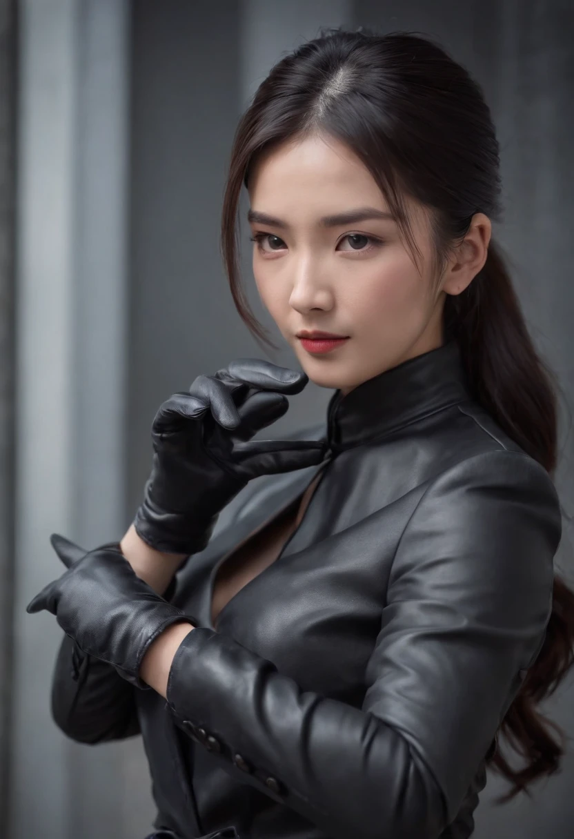 Black leather gloves, black suit, black hair, ponytail, Japanese girl, ribbon tie blouse, upper half
