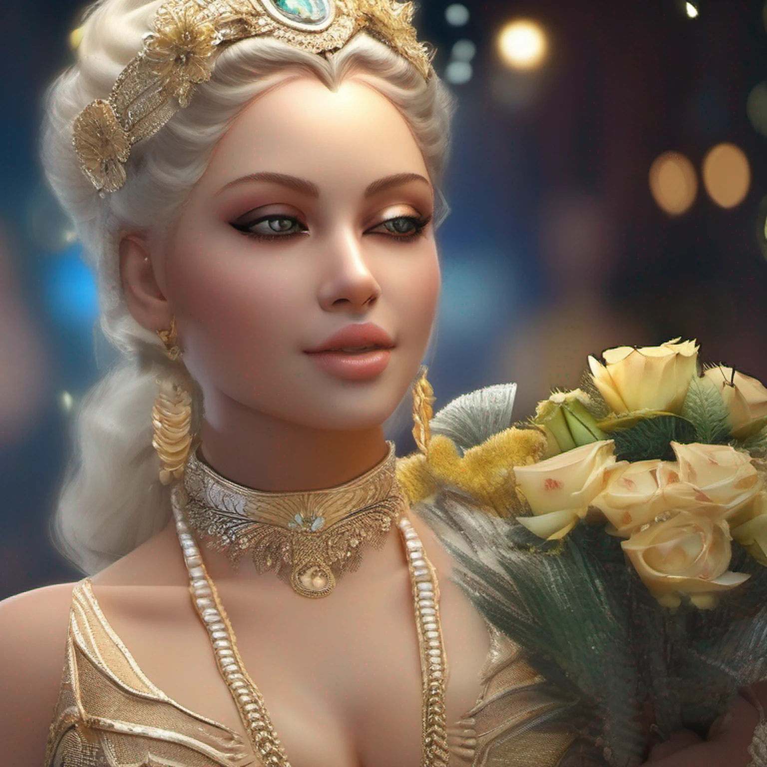 Deusa Hera, cabelo branco, idade 65 anos, sardas no rosto, sardas nos seios, braided hair, detalhado, roupa branca, roupa chiton, vestes longas, coroa de ouro, detalhes em dourado, flores branca, Poses gloriosas, noite, lua, estrelas, fundo olimpo, liminosidade, brilhante, ultra-realista, ray tracing