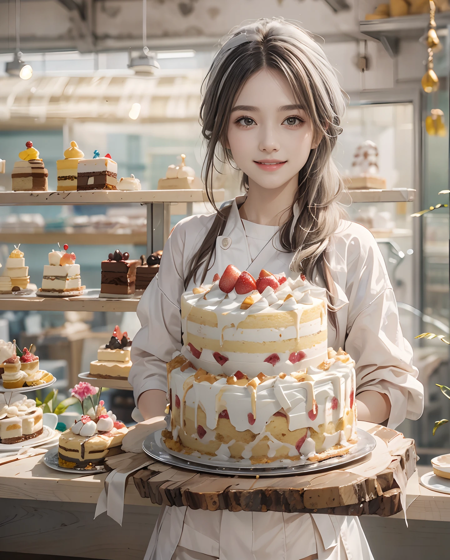 masutepiece、hight resolution、Cake shop、Cake craftsman、30-year-old girl、Smiling at the camera、Finish as shown in the photo、the skin is white and beautiful、inner colored、Hair should be tied back、A slender