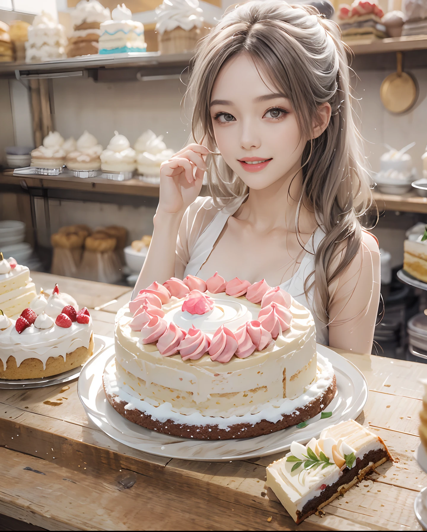 masutepiece、hight resolution、Cake shop、Cake craftsman、30-year-old girl、Smiling at the camera、Finish as shown in the photo、the skin is white and beautiful、inner colored、Hair should be tied back、A slender