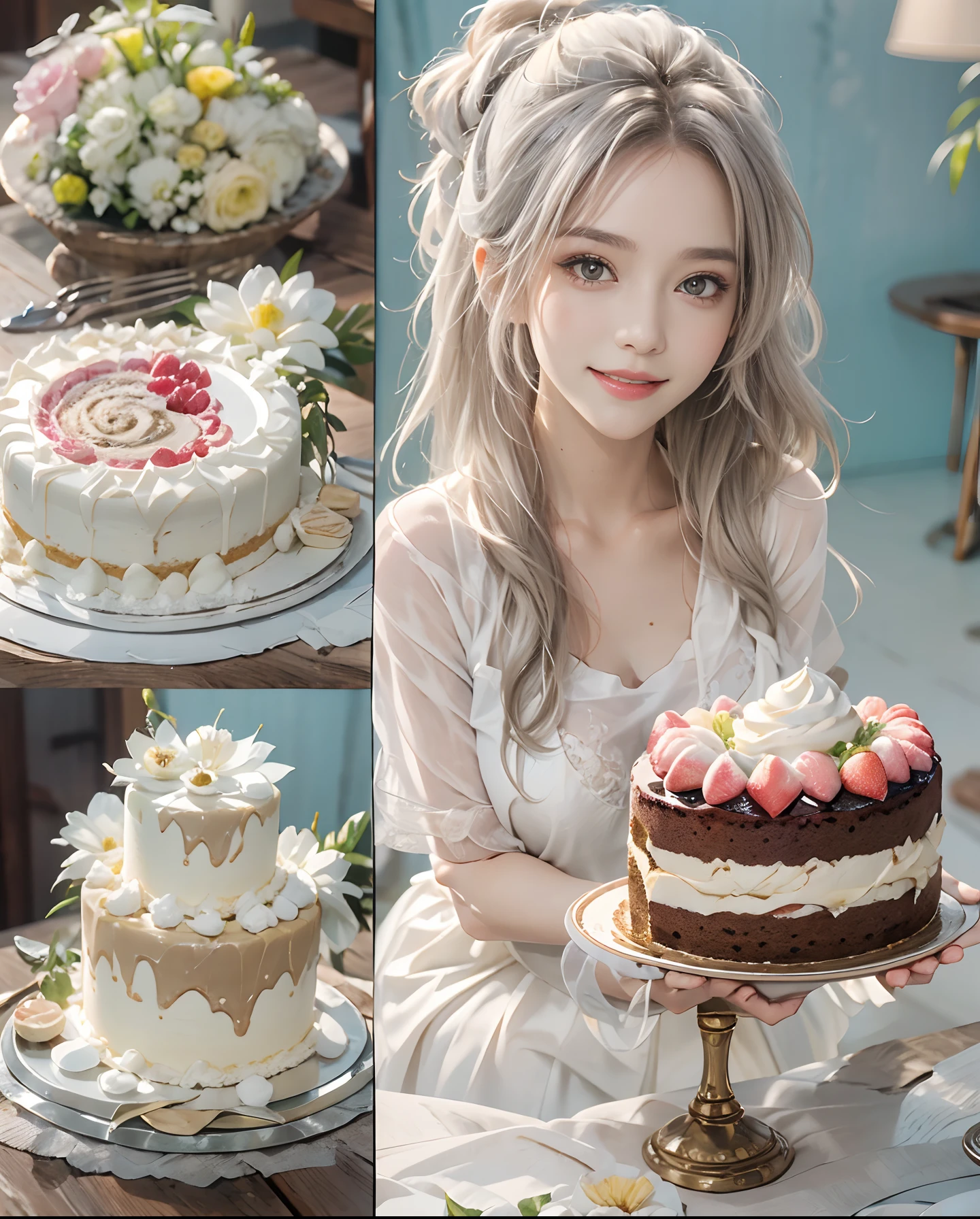 masutepiece、hight resolution、Cake shop、Cake craftsman、30-year-old girl、Smiling at the camera、Finish as shown in the photo、the skin is white and beautiful、inner colored、Hair should be tied back、A slender