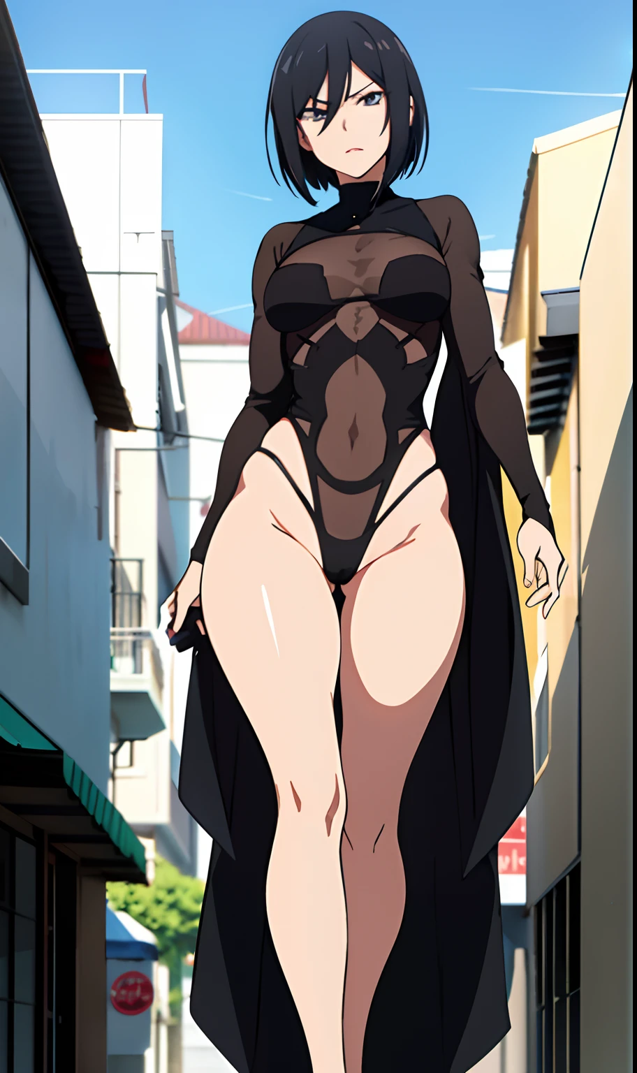 Mikasa Ackerman, melhor qualidade, de maio sexy,em em beco de um cidade antiga, de frente,corpo inteiro, serious look, posse sexy de luta roupa branca transparente, chovendo