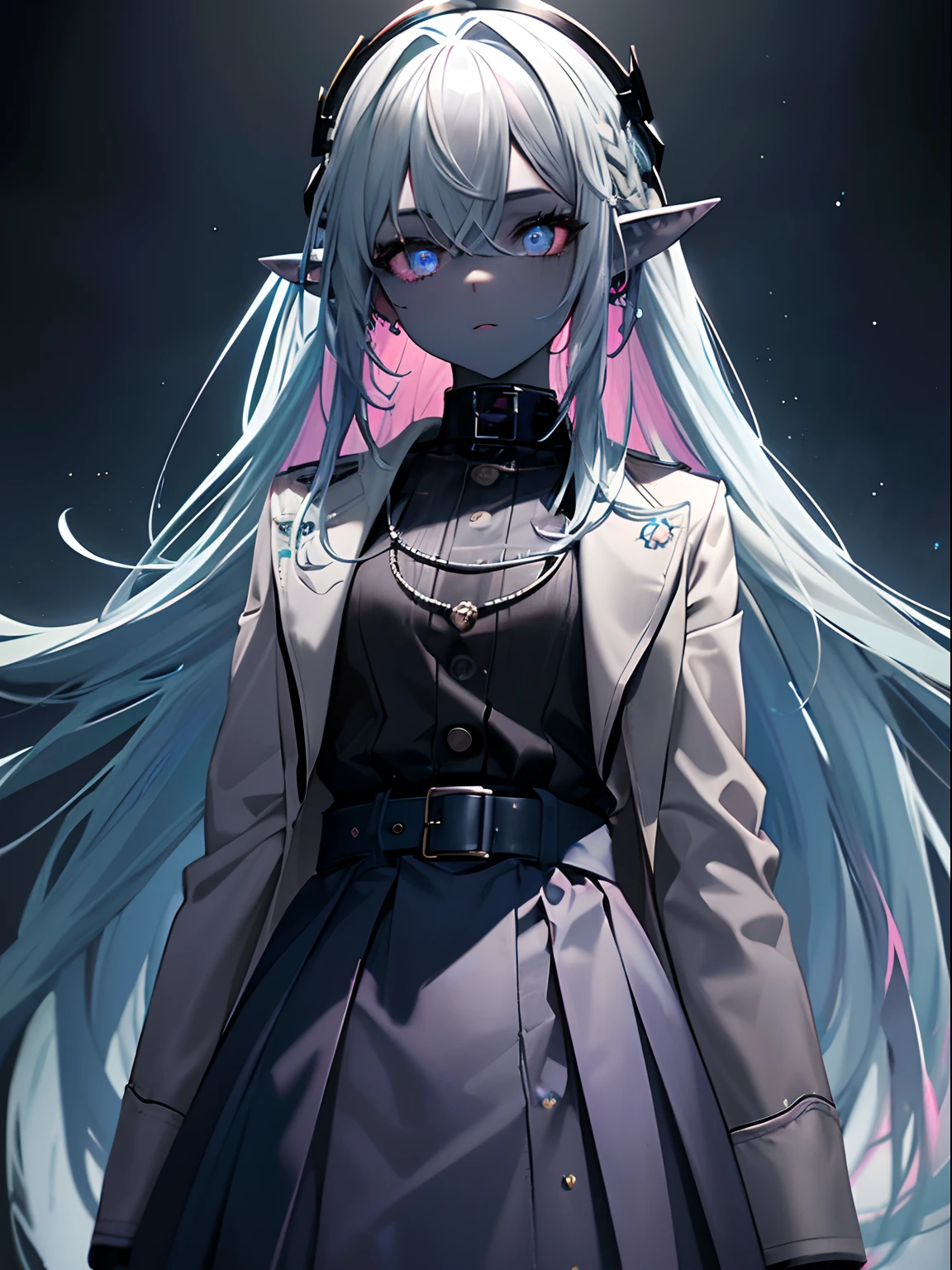 (Masterpiece, Best quality, ultra high resolution),1girl,pale blue hair,black skin,elf ears,(multicolored hair,pink and blue hair)long gray skirt, jacket,,beautiful and detailed face, detailed eyes,((grey and dark blue theme)),in the park, night