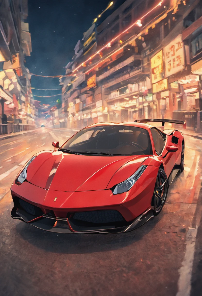 "A Quority(Ferrari 488 GT3)Les voitures de course font la course autour du circuit de la ville la nuit，Un souffle de sang et de vitesse。"