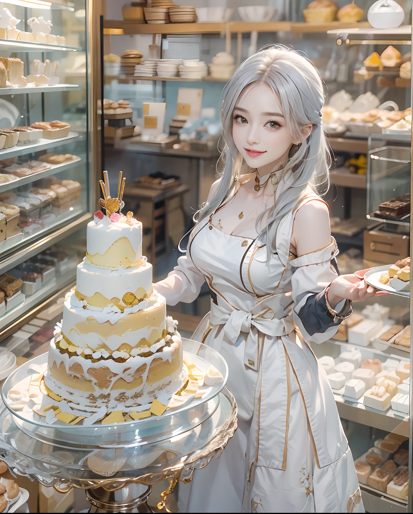 masutepiece、hight resolution、Cake shop、Cake craftsman、30-year-old girl、Smiling at the camera、Finish as shown in the photo、the skin is white and beautiful、inner colored、Hair should be tied back、A slender、Strawberry Earrings、