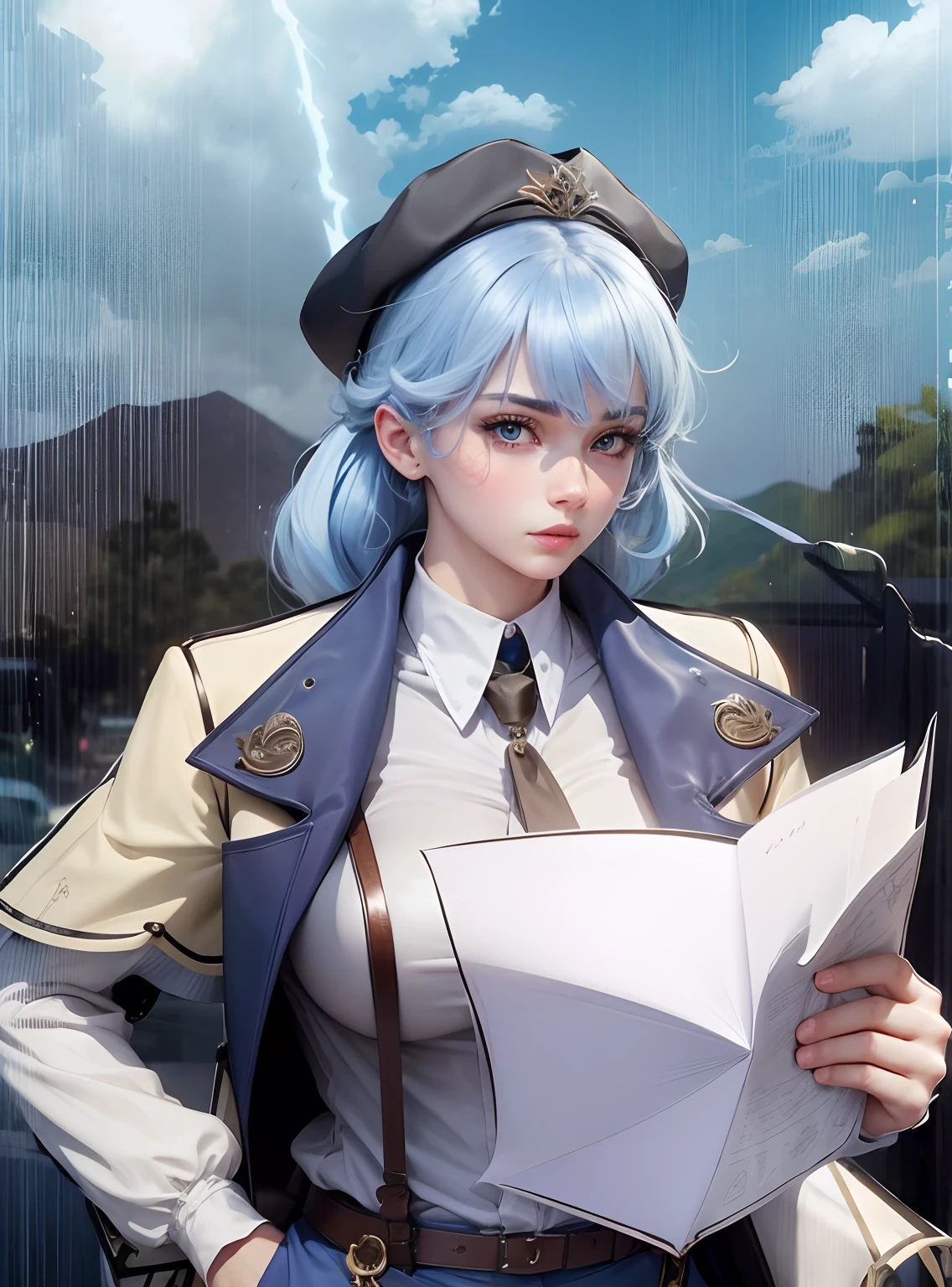 (best quality, masterpiece, highest detailed) realistic blue hair, detailed blue eyes color, colorful, bushy hair, beautiful eyes, bushy poni hair, wear a hat, detailed outfits, eyes looking at the paper, luxurious outfits, nice clothes, white skin, fitness body, pink lips, beautiful, teen face, Korean face, young, young face, beautiful face, cute, cute face, Beautiful breasts, realistic, remove background, read map, holding map paper, lightning