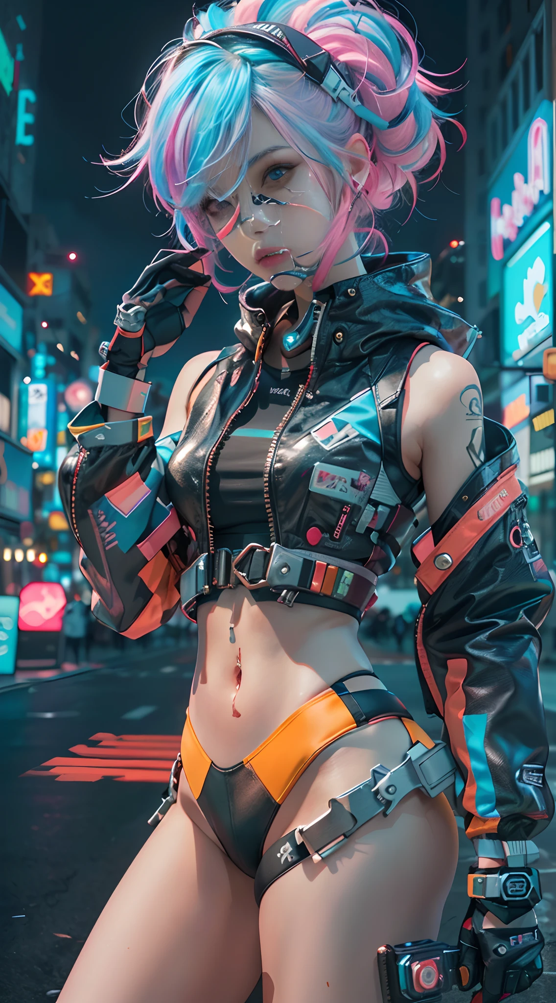 masutepiece, Best Quality, Confident cyberpunk girl, Full body shot, ((Stand in front of the motorcycle)), Pop costumes inspired by Harajuku, Bold colors and patterns, Eye-catching accessories, Trendy and innovative hairstyles, Bright makeup, Cyberpunk dazzling cityscape, Skyscrapers, neon signs, led lights, Bright and vivid color scheme, Anime, Illustration, Detailed skin texture, Detailed Cloth Texture, beautifull detailed face, Intricate details, ultra-detailliert.