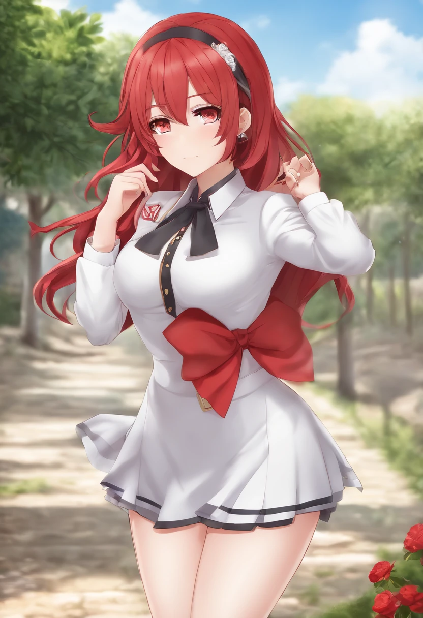 Chica de anime con cabello rojo y una blusa blanca posando, rias gremory, seductora chica de anime, con cabello rojo rizado, Traje de Asuka debajo de la ropa!, Diosa pelirroja, Render de abril, fullbody commission for, Marin Kitagawa Fanart, commission for high resolution, Anime Moe Artstyle, Full body anime illustration, totalmente coloreado, oc commission, small curvy loli